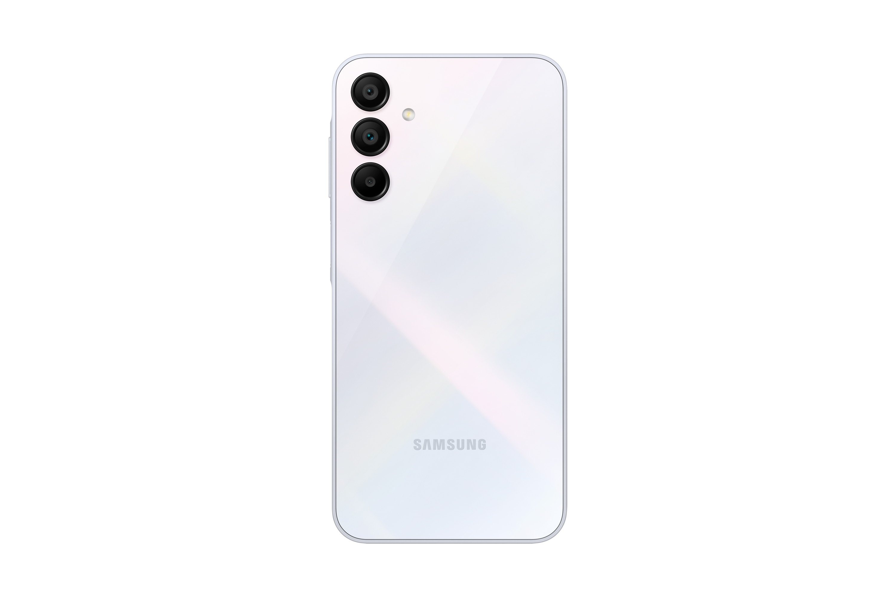 Beyaz bir akıllı telefon, arka görünüm, üç arka kamerayla ve Samsung logosuyla, siyah bir arka plan üzerinde.