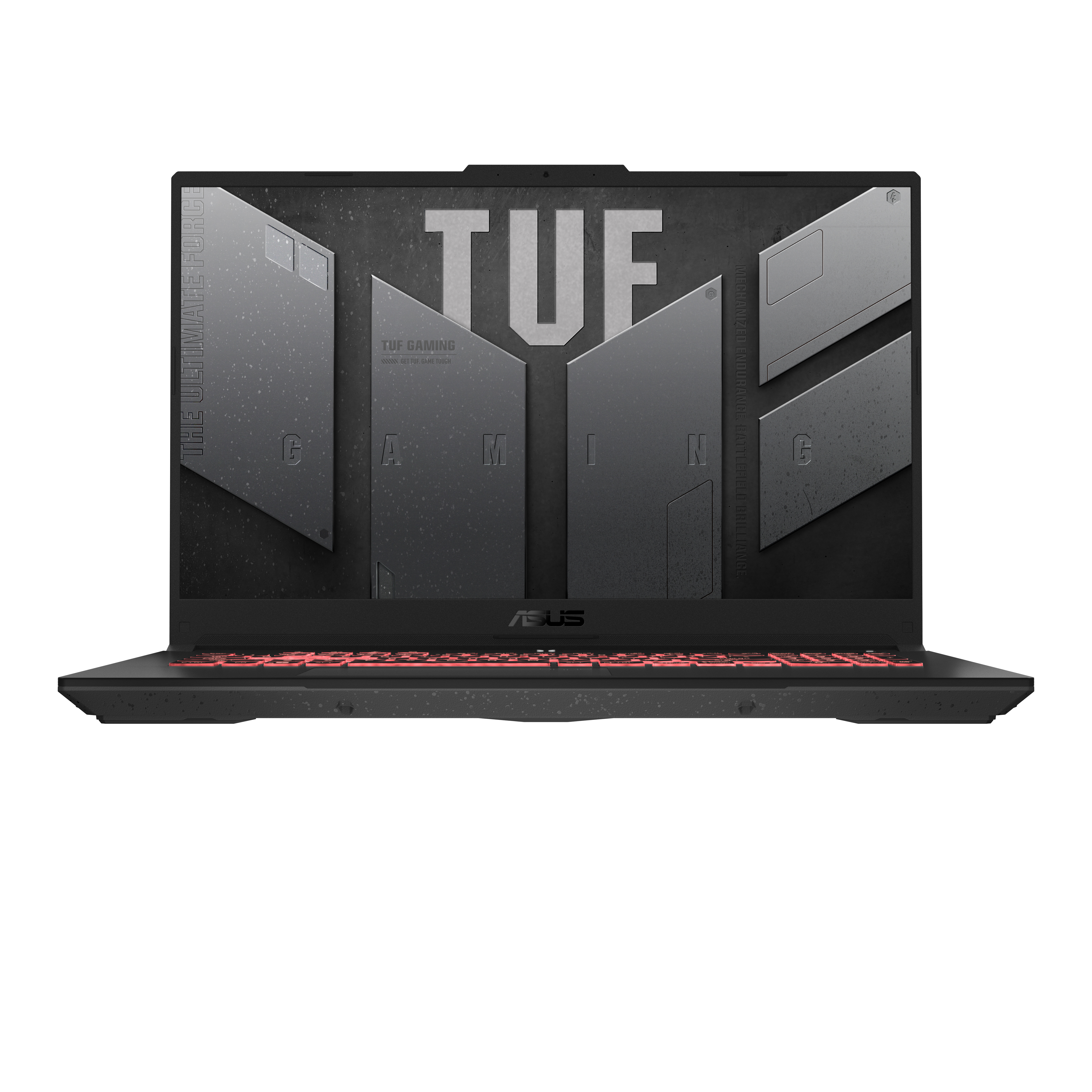 Schwarzer Asus TUF Gaming Laptop mit beleuchteter Tastatur und TUF-Logo auf dem Bildschirm.
