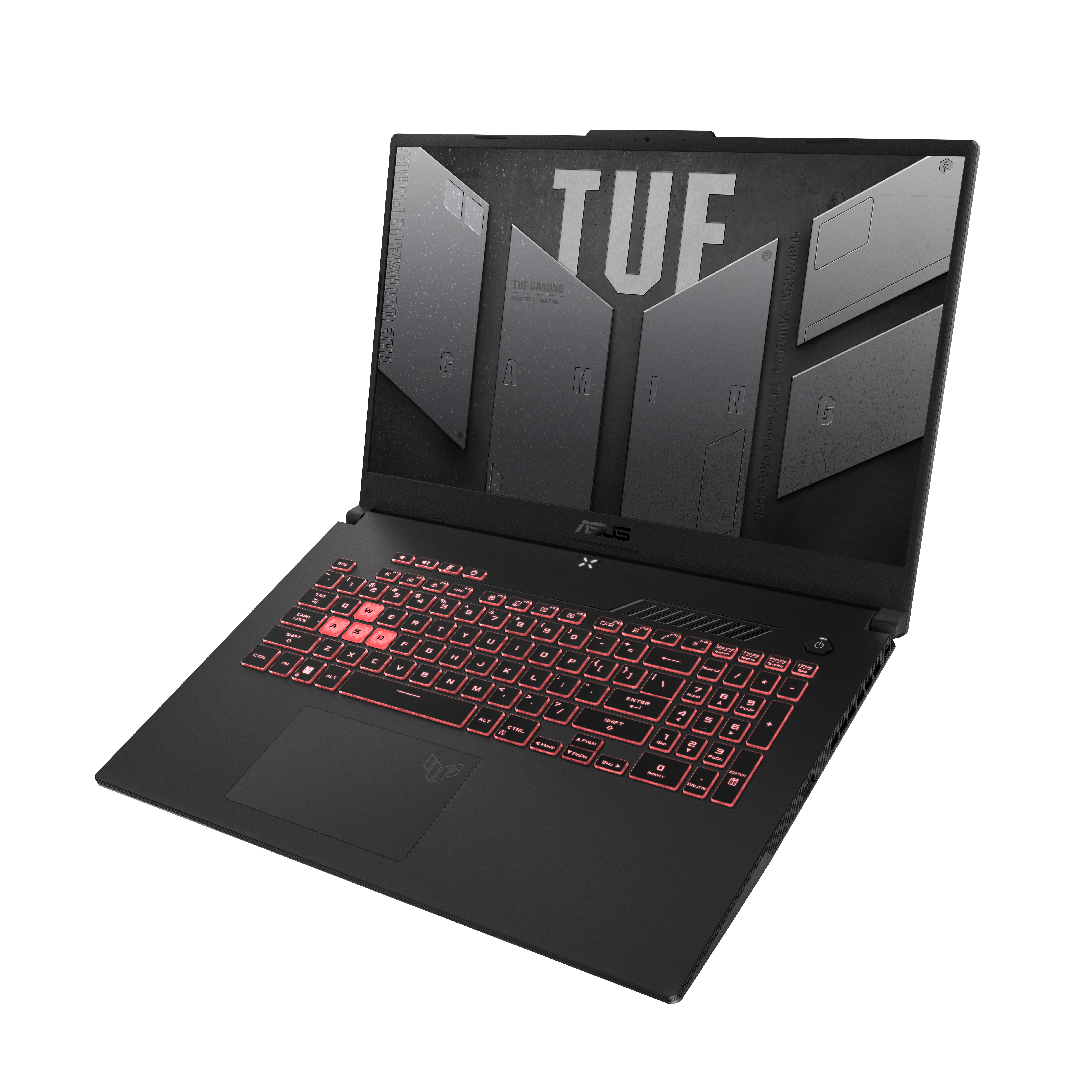 Ein schwarzer Asus TUF Gaming Laptop mit roter Tastaturbeleuchtung und dem TUF-Logo auf dem Bildschirm.