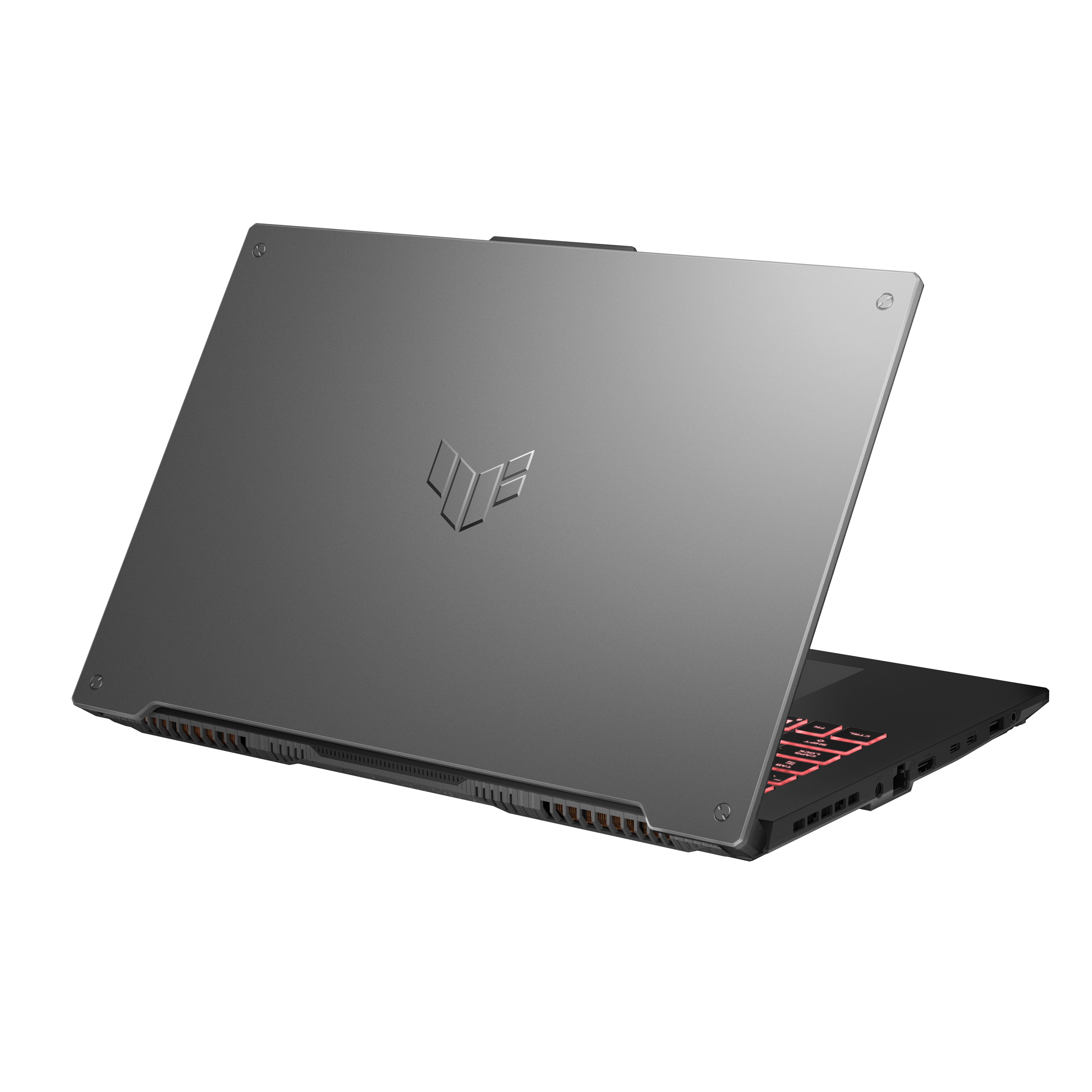 Ein grauer Gaming-Laptop ist geschlossen auf weißem Hintergrund mit einem stilisierten Logo dargestellt.
