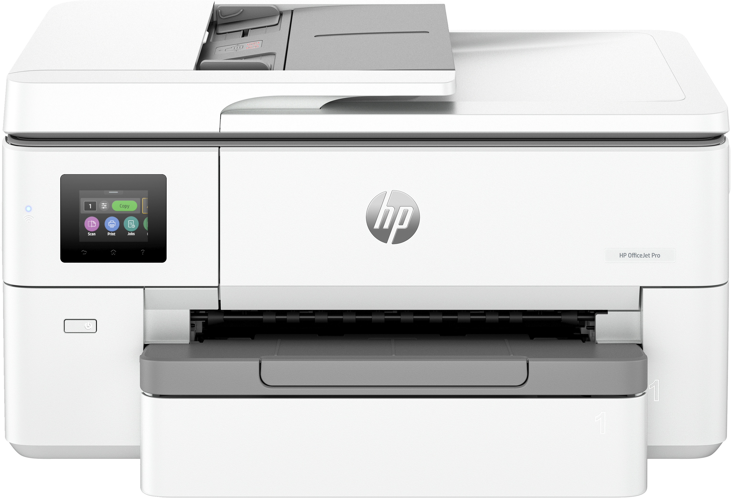 Weißer HP OfficeJet Pro Drucker, von vorne betrachtet. Er befindet sich auf weißem Hintergrund.