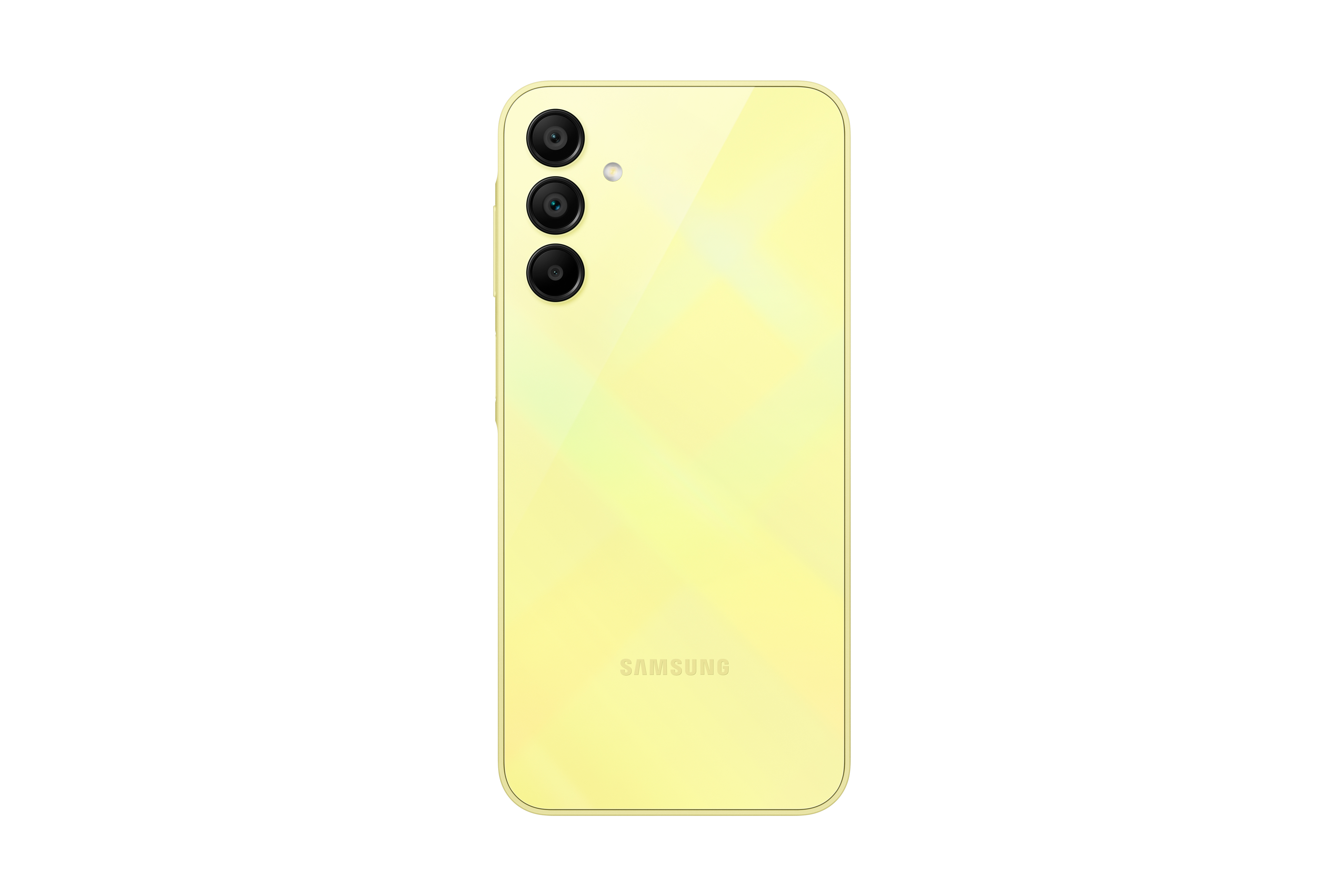 Sarı akıllı telefon, arka görünüm. Üç arka kamerası ve Samsung logosu var. Beyaz arka plan.