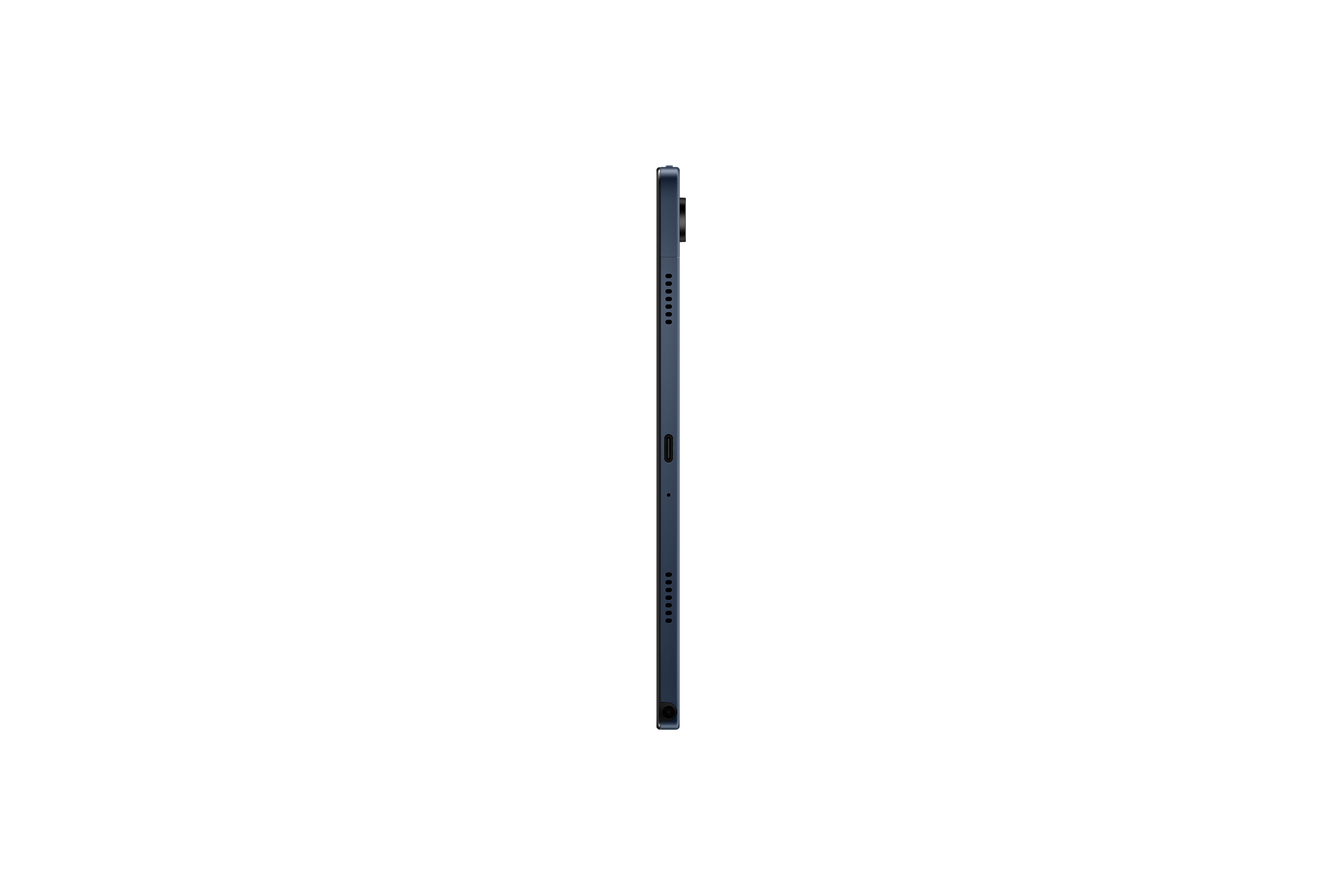 Siyah arka plan üzerinde koyu mavi bir tabletin yan görünümü.