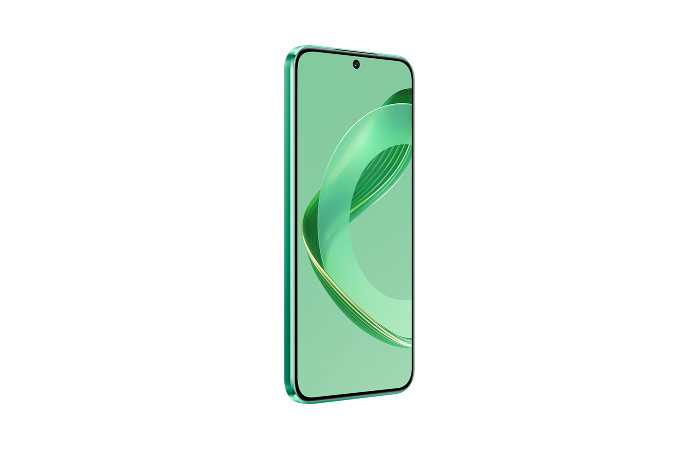 Kavisli ekranlı yeşil bir akıllı telefon, siyah bir arka plan üzerinde.