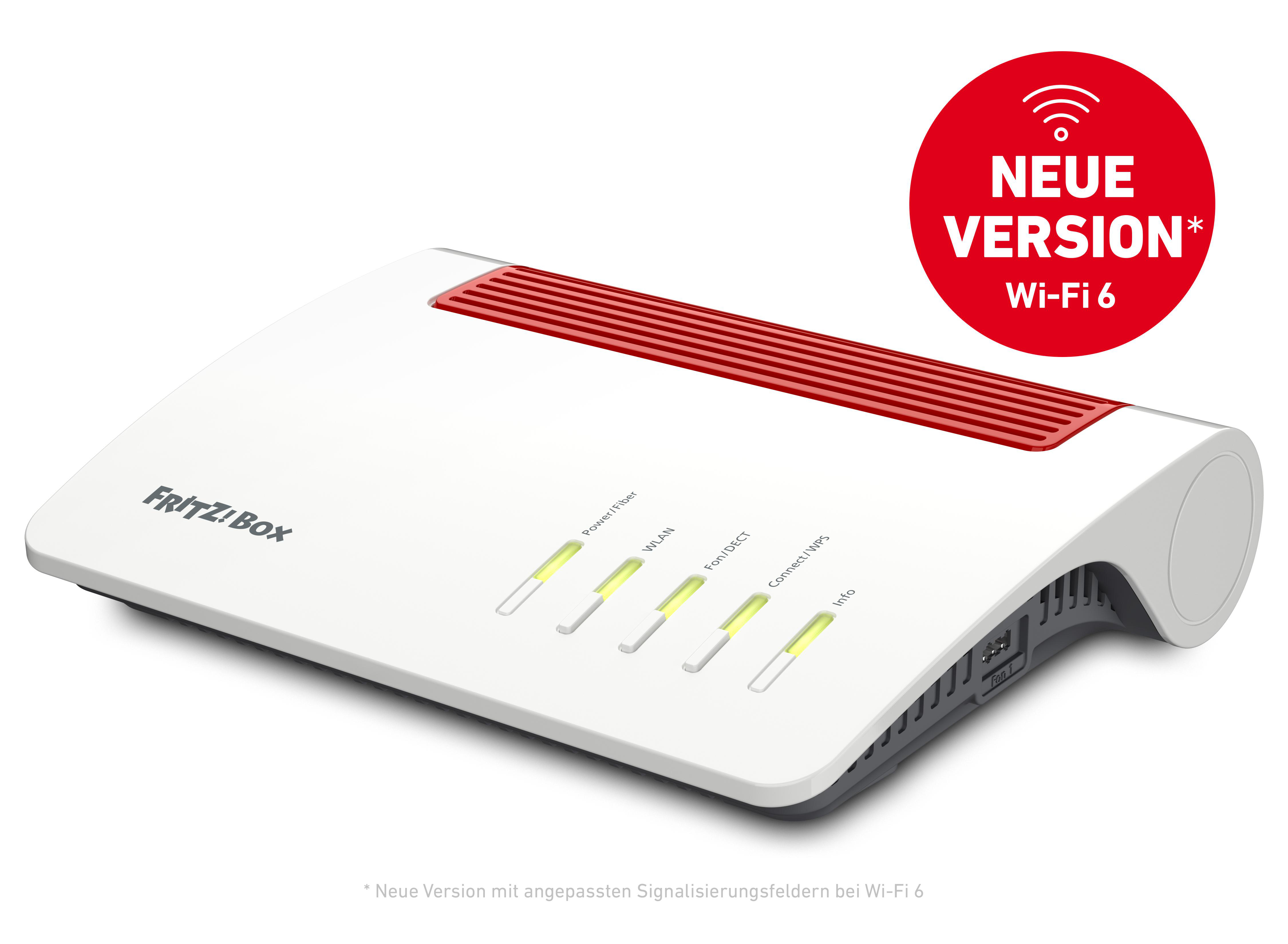 Weißer WLAN-Router mit roten Akzenten und Lichtern. Der Text "Wi-Fi 6" ist sichtbar.