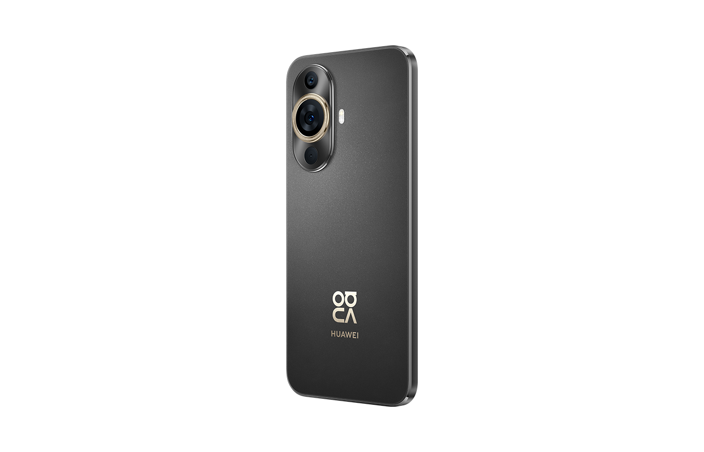 Çoklu arka kameralı siyah Huawei telefon, altın logo ve siyah arka plan.