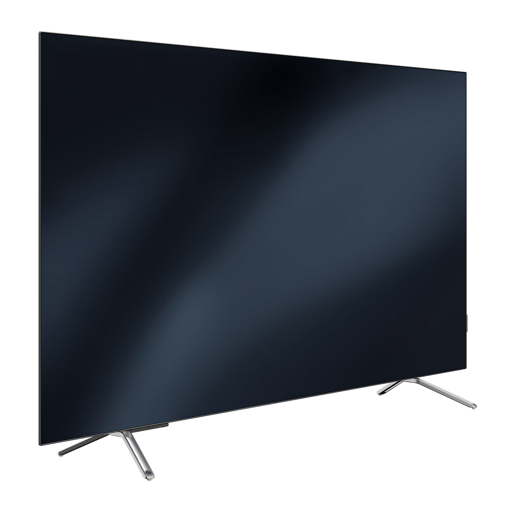 Siyah zemin üzerinde büyük, koyu renkli bir TV ekranı, gümüş ayaklı.