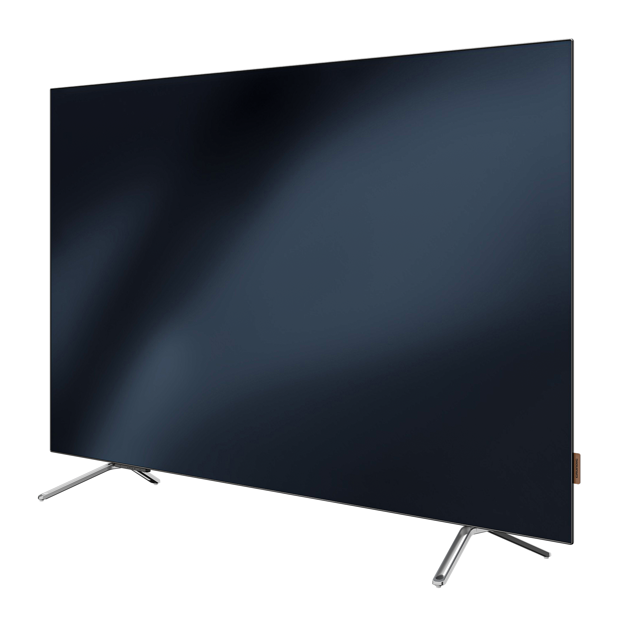 Siyah zemin üzerinde gümüş ayaklı büyük, koyu mavi düz ekran TV. Ekran hafif bir parlamaya sahip.