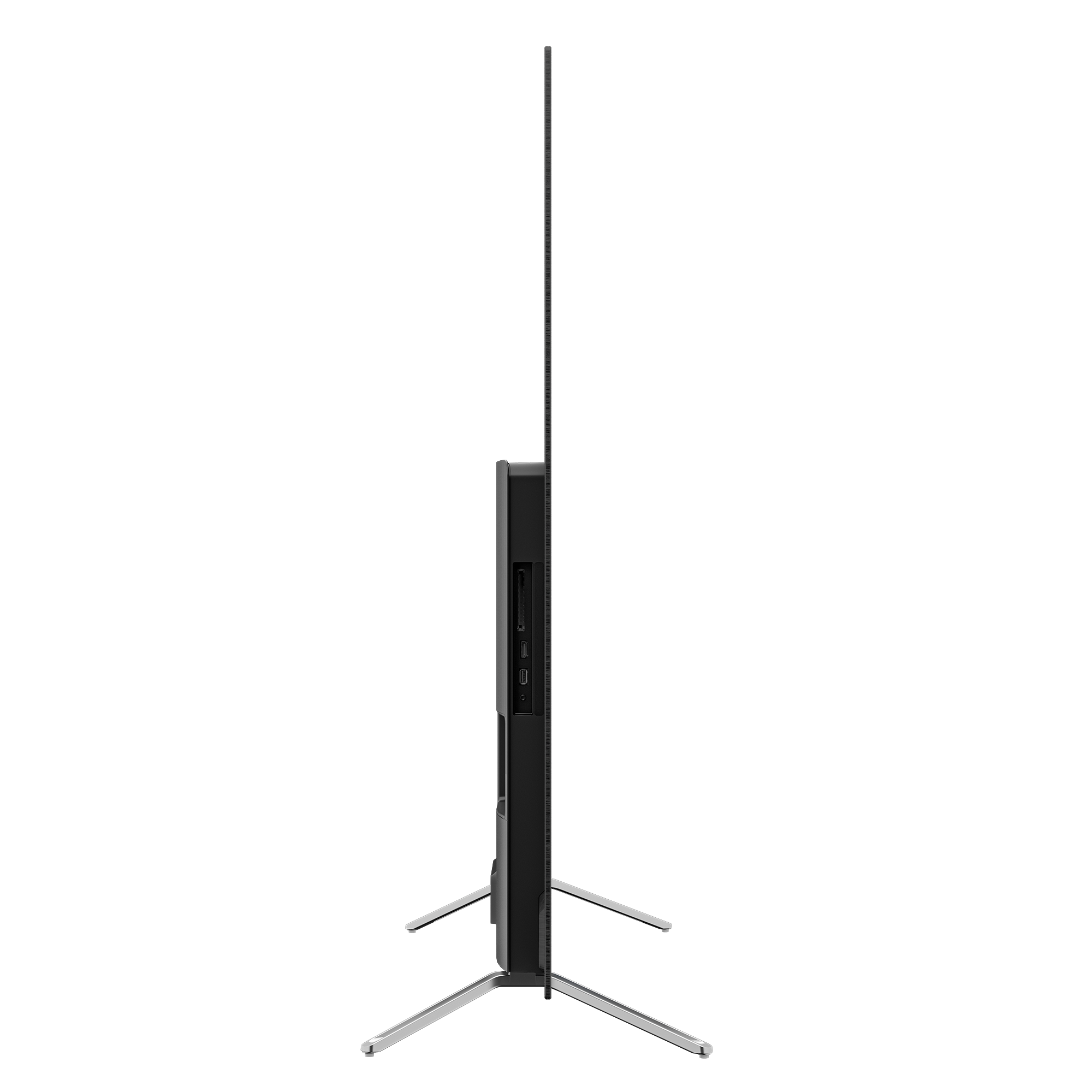 Siyah bir televizyonun yan görünümü, gümüş bir ayak, siyah zemin.