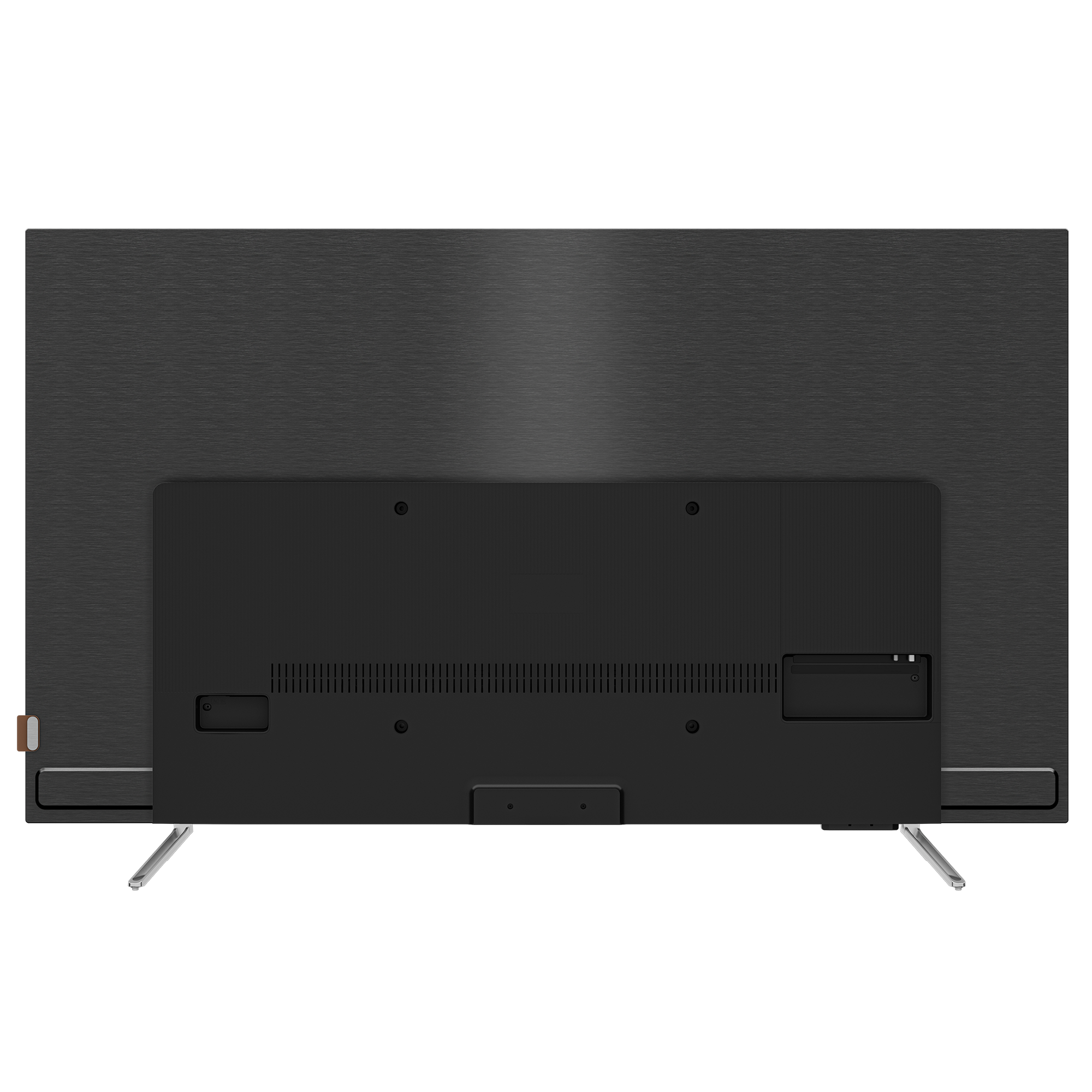 Fırçalanmış metal dokusu ve siyah bir arka paneli olan siyah bir TV'nin arka görünümü.