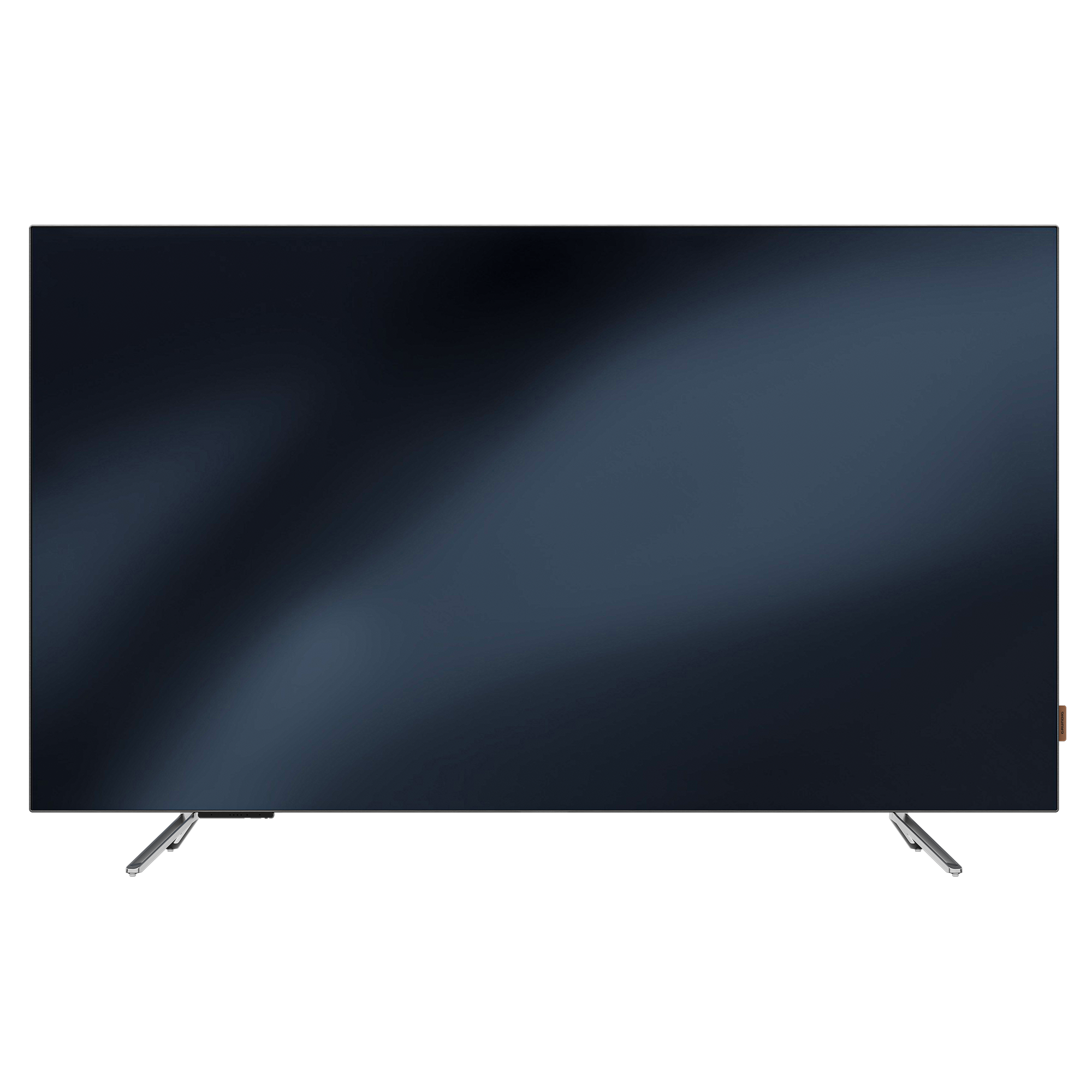 Koyu mavi bir gradyanla siyah bir TV ekranı, iki gümüş ayak üzerinde duruyor. Ekran kapalı.