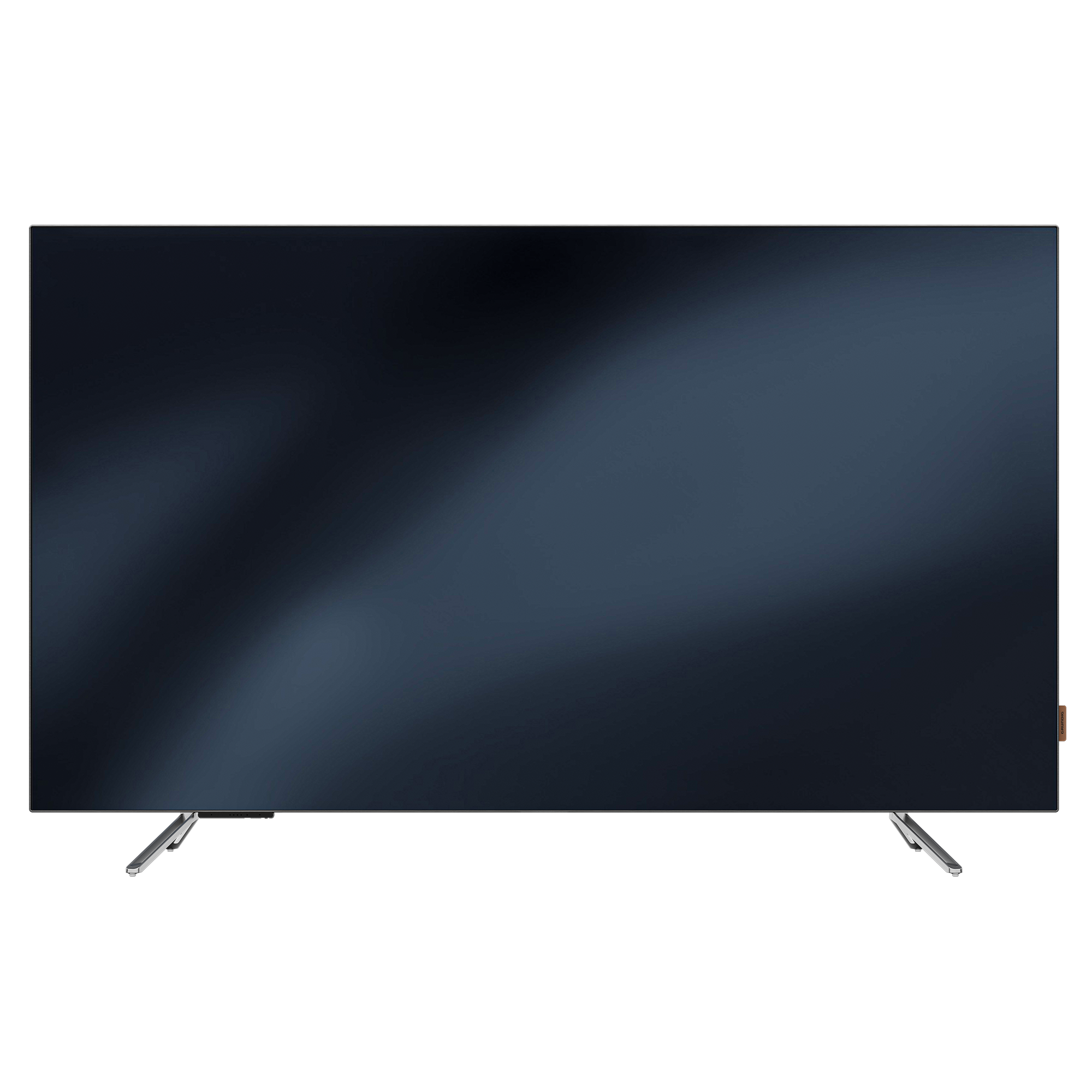 Siyah arka planda, gümüş ayaklı, büyük, koyu renkli, dikdörtgen bir TV.