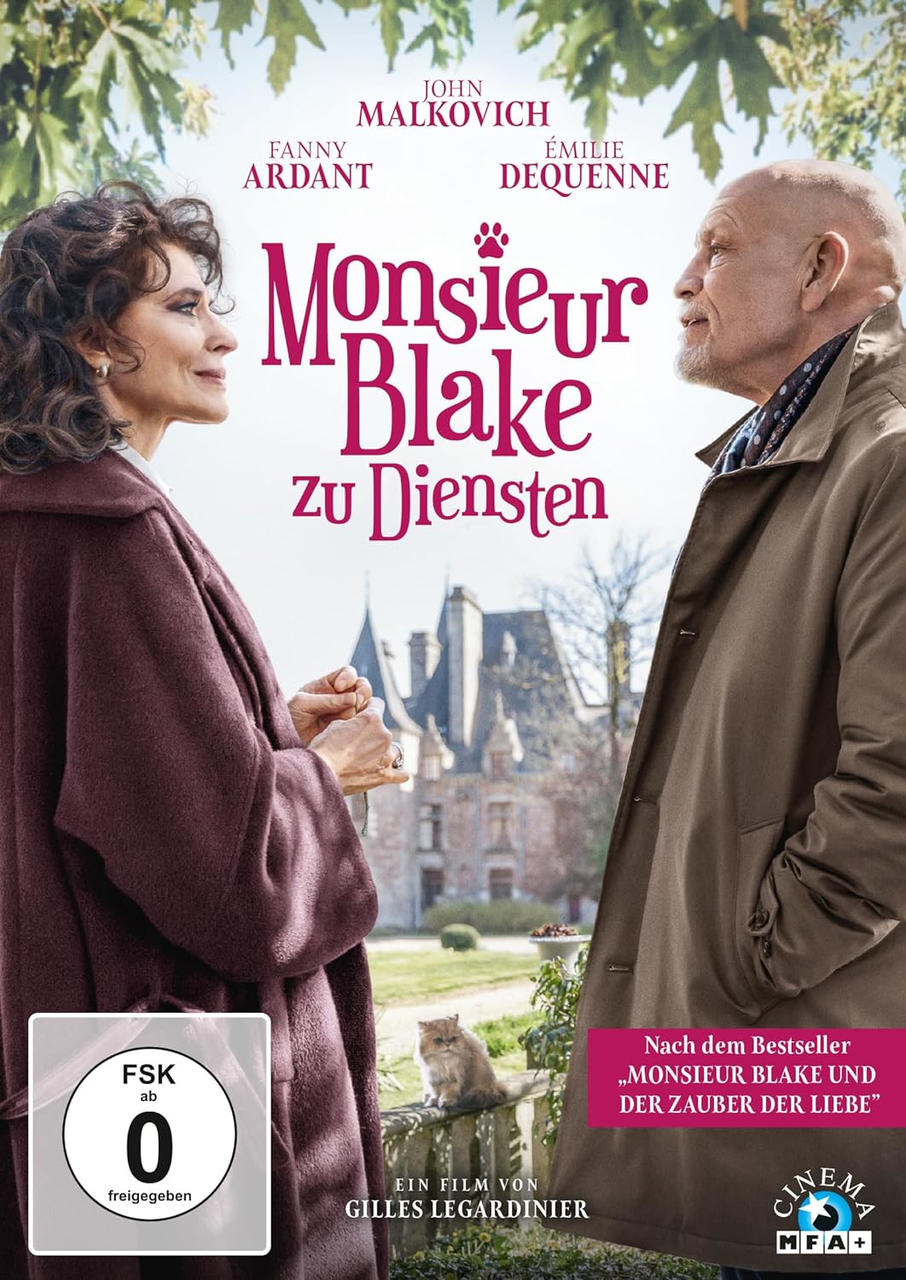 Filmplakat: 'Monsieur Blake zu Diensten'. Zwei Personen stehen sich gegenüber, Schloss im Hintergrund.