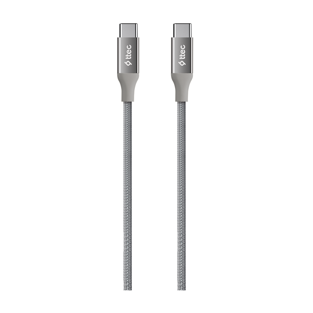 Yan yana iki gümüş USB-C kablosu. Her kablonun gri bir bağlantı noktası var.