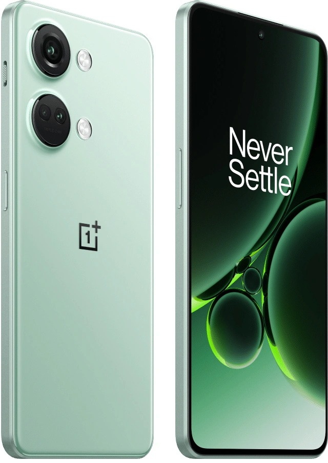 Un téléphone vert menthe avec configuration double caméra et 'Never Settle'.