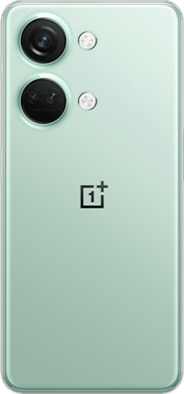 Téléphone OnePlus vert clair, vue arrière, avec deux caméras et le logo OnePlus.