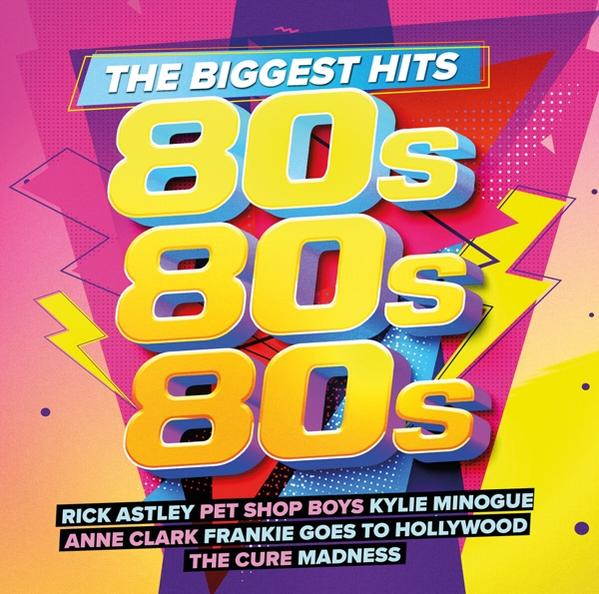 The Biggest Hits of the 80s Albumcover mit Text und farbenfrohem Design.