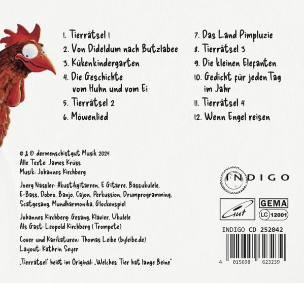 Ein Cartoon-Huhn blickt auf eine Liste von Liedtiteln und Produktionsdetails.