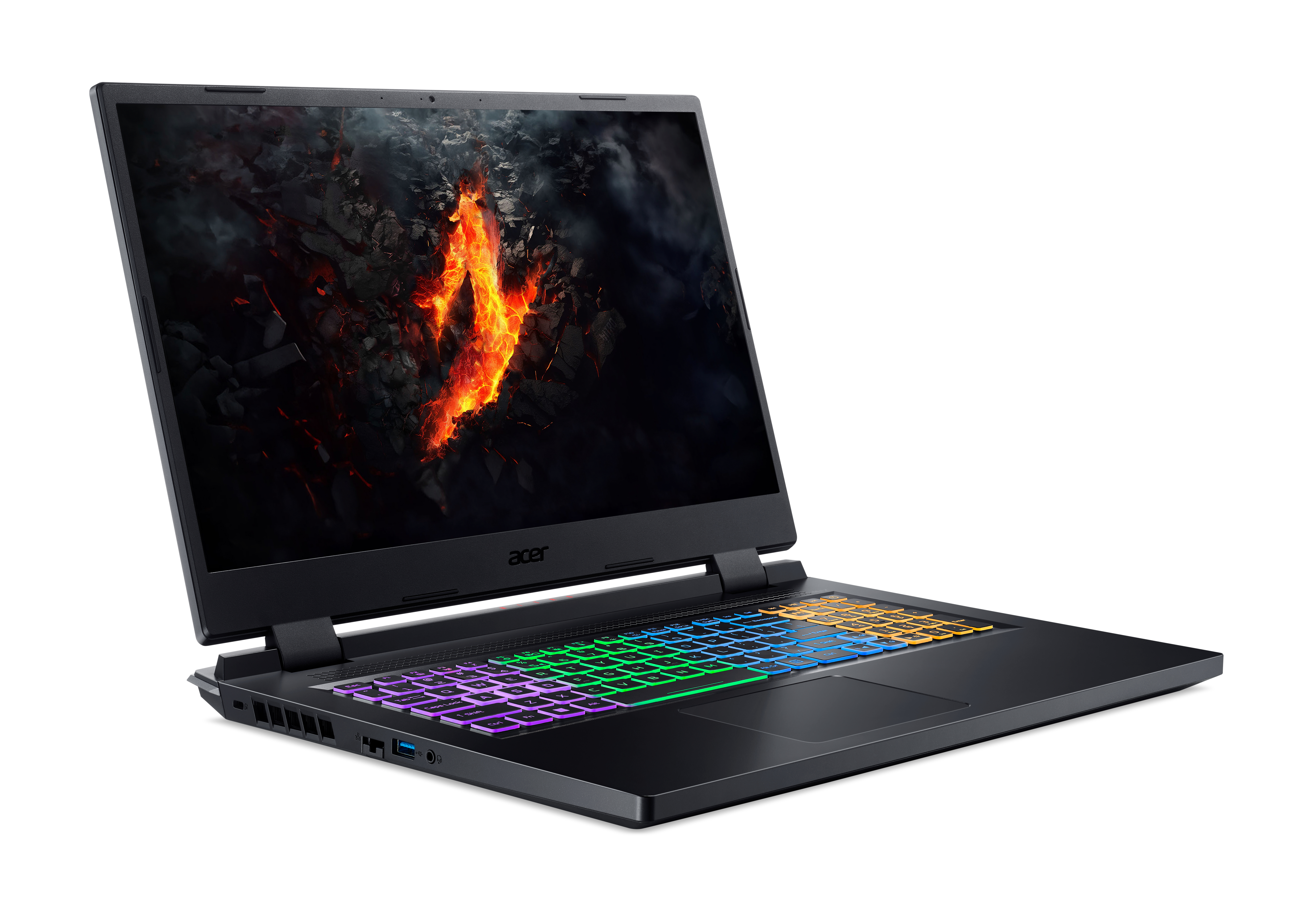 Schwarzer Acer Gaming-Laptop mit bunter Tastatur. Der Bildschirm zeigt ein feuriges Bild.