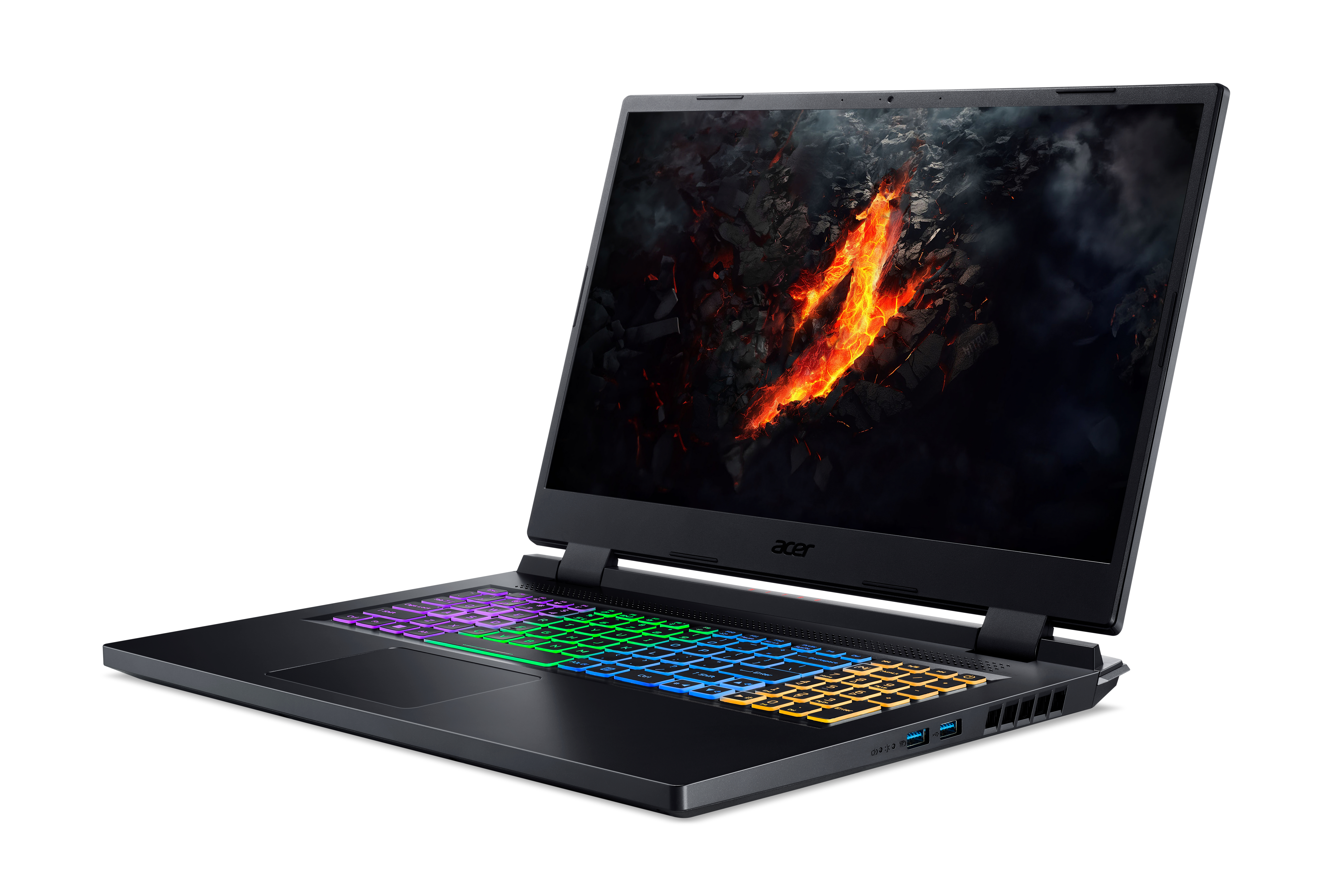 Ein schwarzer Laptop mit offenem Bildschirm, der eine feurige, rote und orange Grafik zeigt.