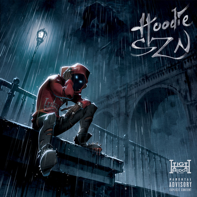 A 'Hoodie SZN' album borítója, egy vörös kapucnis alak az éjszakai esőben.