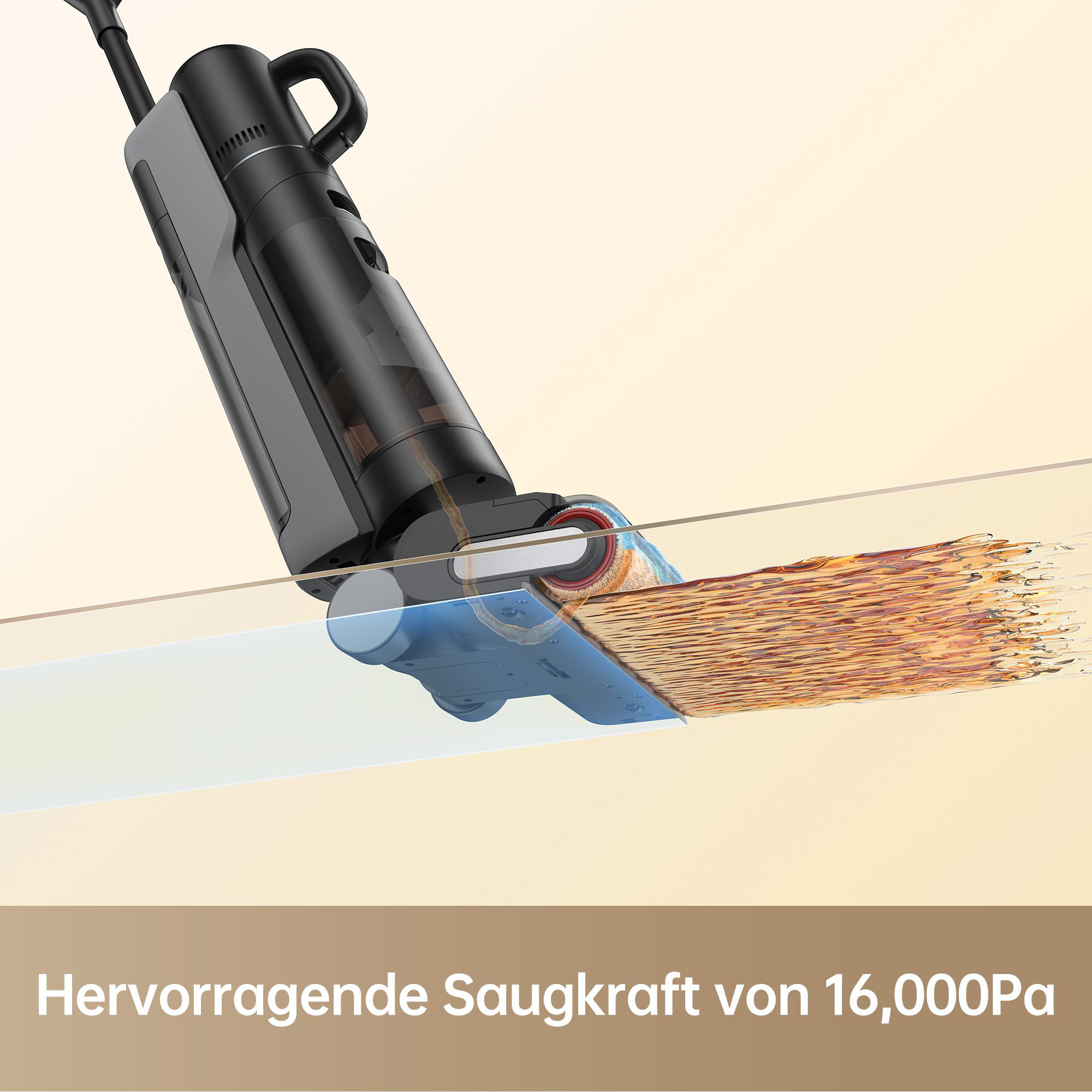 Ein Staubsauger, der seine Reinigungsfähigkeit demonstriert, mit sichtbarem Wasser und Schmutz.