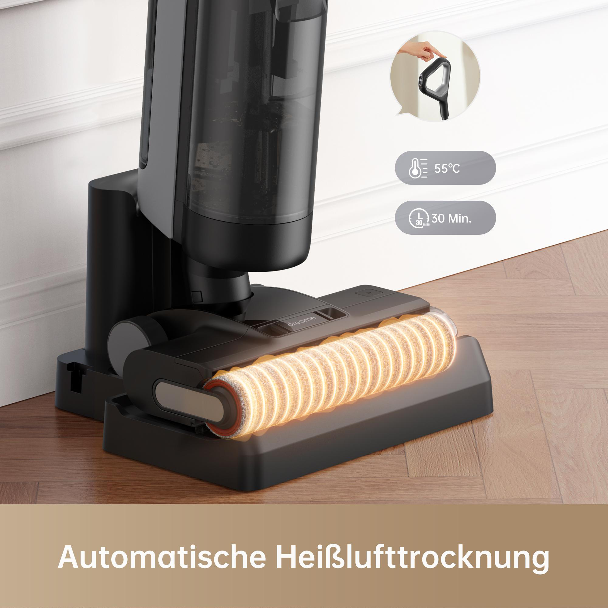 Schwarze Staubsaugerbasis mit beheizter Walze, Symbol zeigt 55°C und 30 Min.
