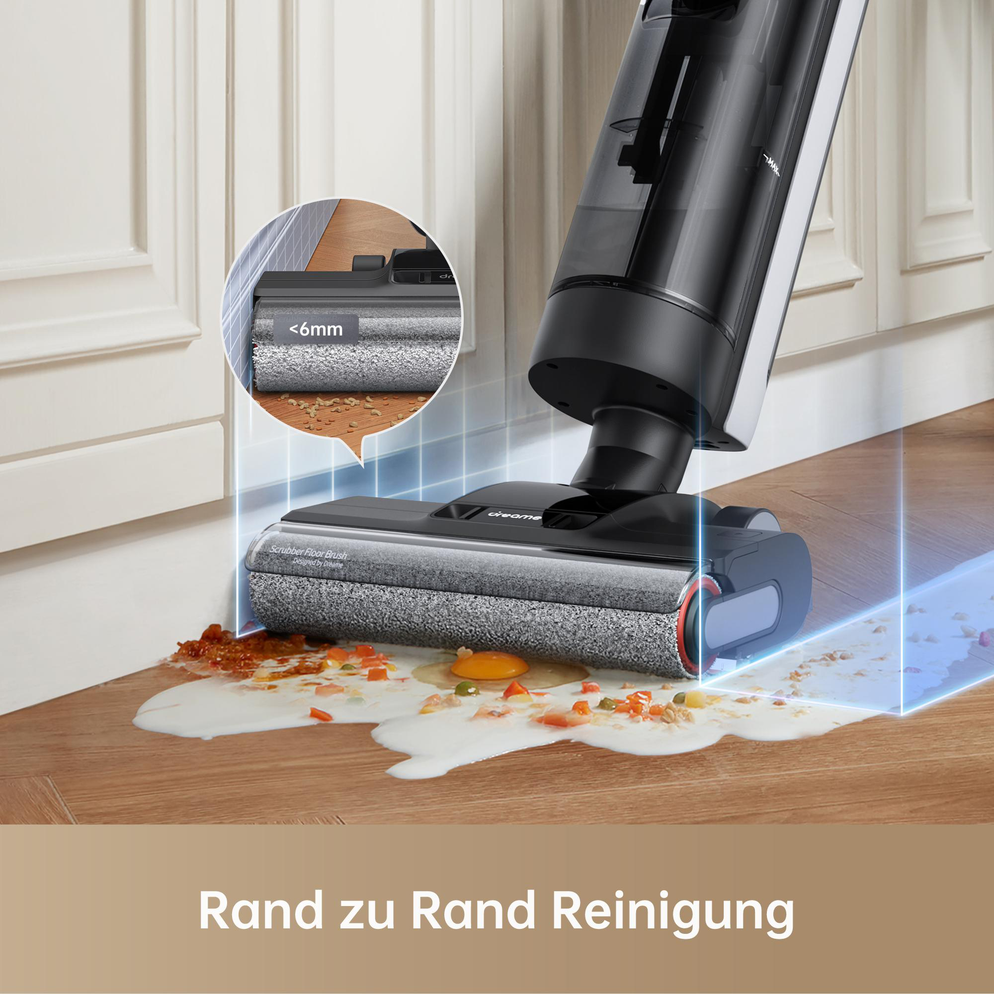 Ein Staubsaugerkopf reinigt einen Boden mit verschütteten Lebensmitteln. Der Text sagt: 'Rand-zu-Rand-Reinigung'.