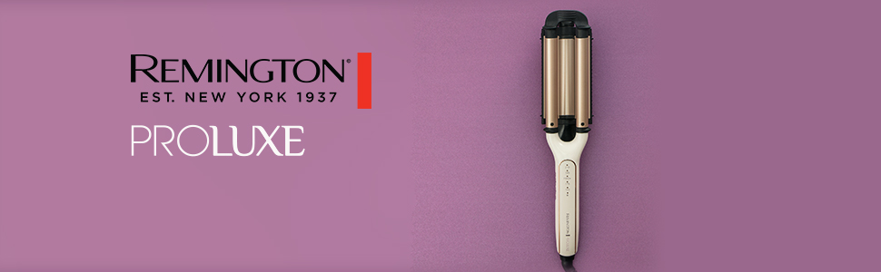 Remington Proluxe saç maşası mor arka plan üzerinde, logo ile.