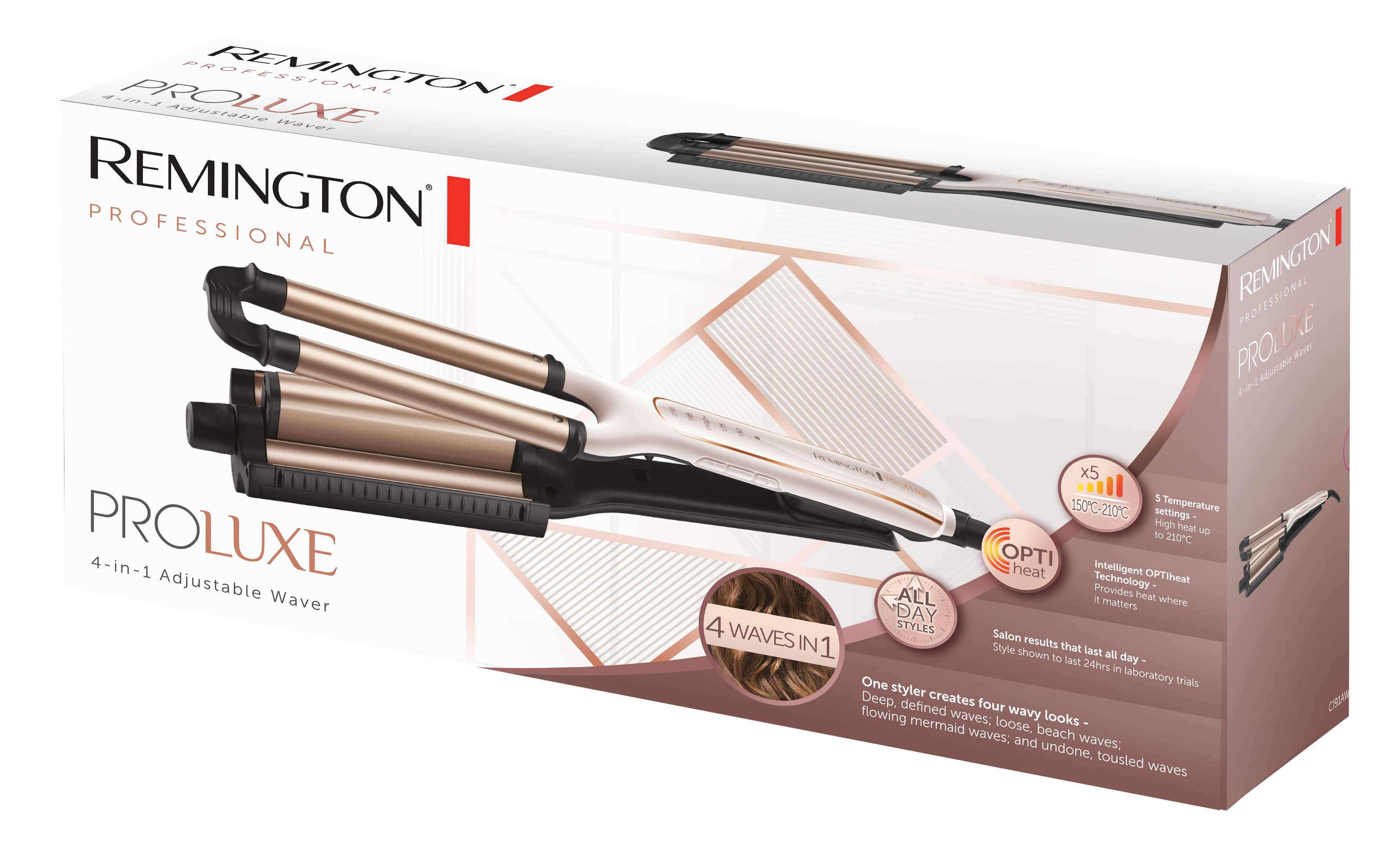 Remington Proluxe saç dalgalandırıcı kutusunda, ürünün özellikleri hakkında metin ve resimlerle.