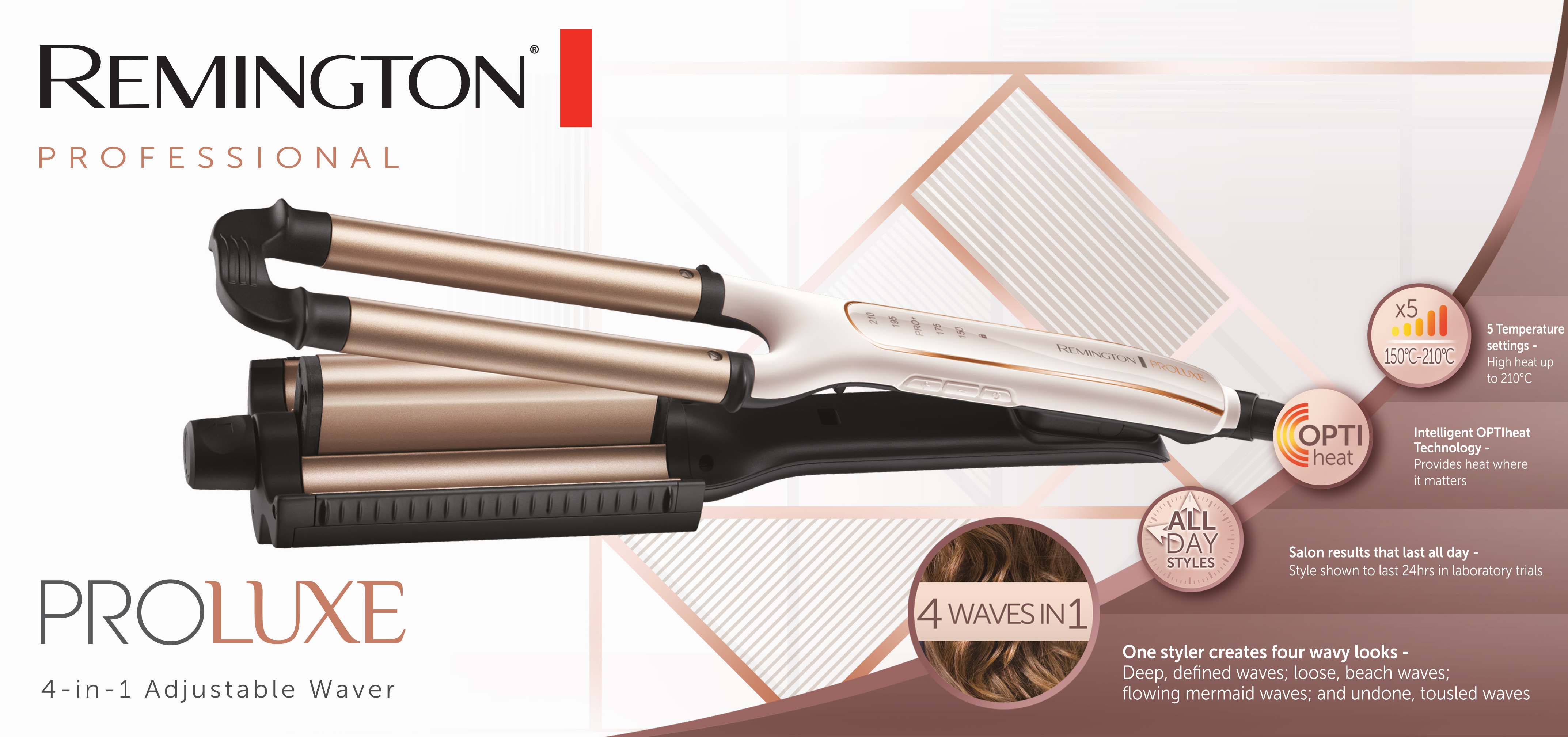 Remington ProLuxe saç dalgalandırıcı. Şekillendirici bej ve siyah renkte, özellikleri açıklayan metinle.