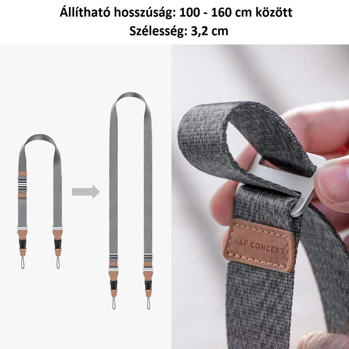 Szürke fényképezőgép szíj, 100-160 cm között állítható, K&F CONCEPT logóval.