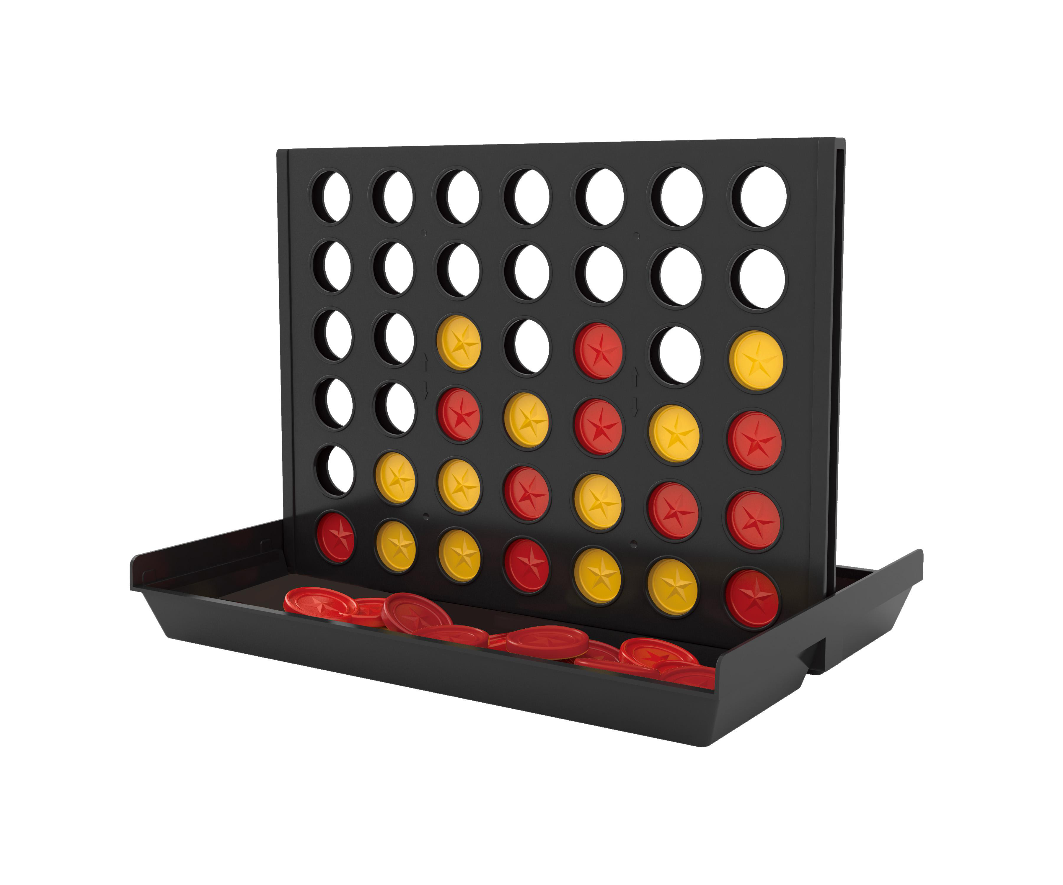 Schwarzes Connect 4-Spiel. Gelbe und rote Spielsteine in einem Tablett.