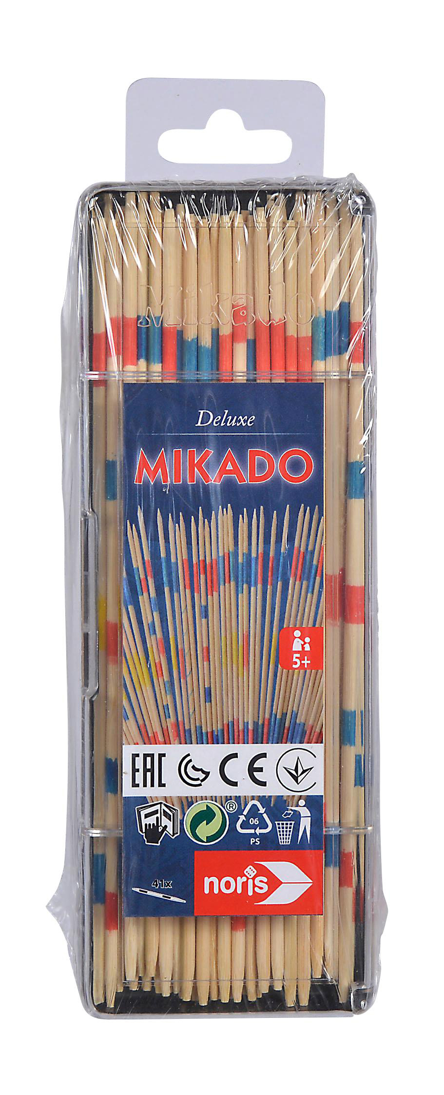 Ein verpacktes Mikado-Spiel mit Stäben in verschiedenen Farben in einer Metallbox.