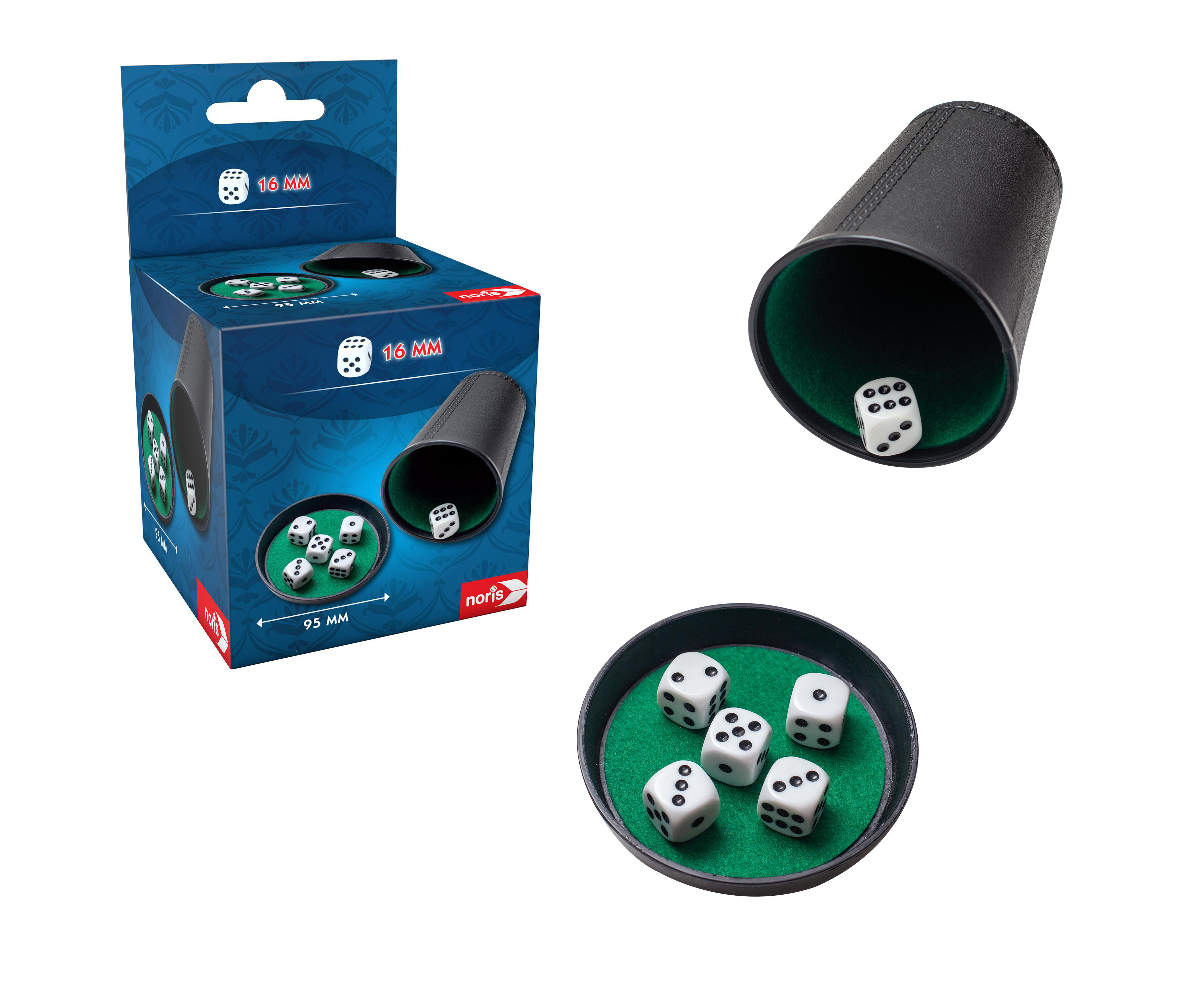 Würfelbecher-Set mit Würfeln. Box zeigt Würfel und Becher. Becher mit einem Würfel. Würfel auf grüner Oberfläche.