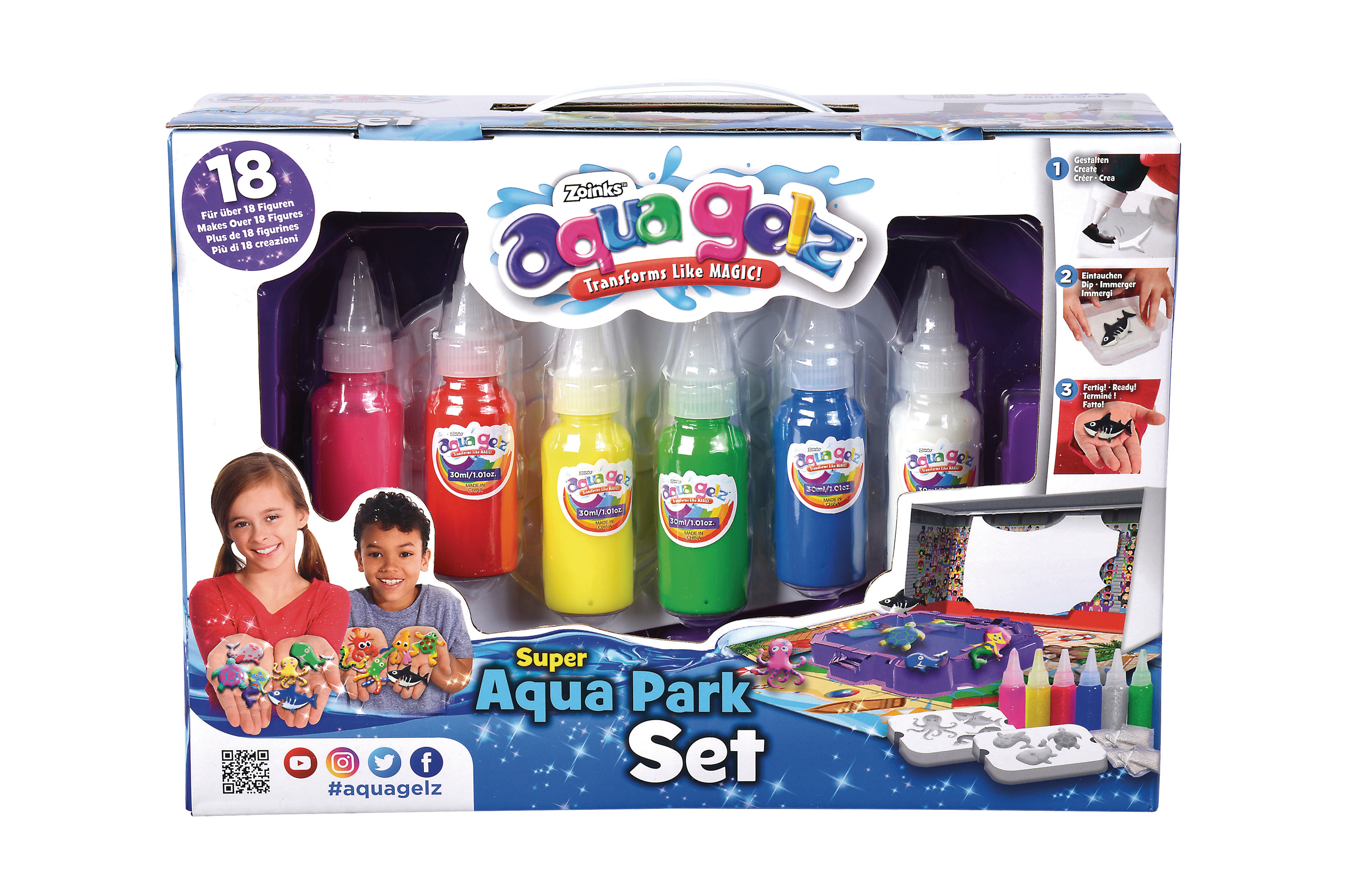 Kinder mit Aqua Gelz-Set. Set mit bunten Flaschen und Zubehör. Weißer Hintergrund.