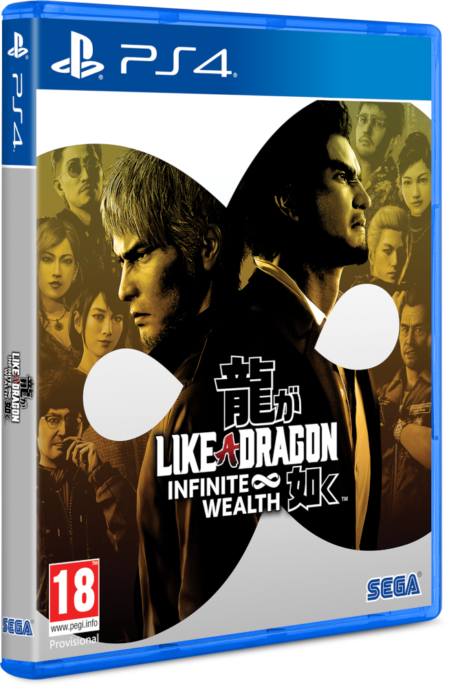 PS4-es játékdoboz a 'Like a Dragon: Infinite Wealth' játékhoz, két férfival, a játék címével és a PS4 logóval.