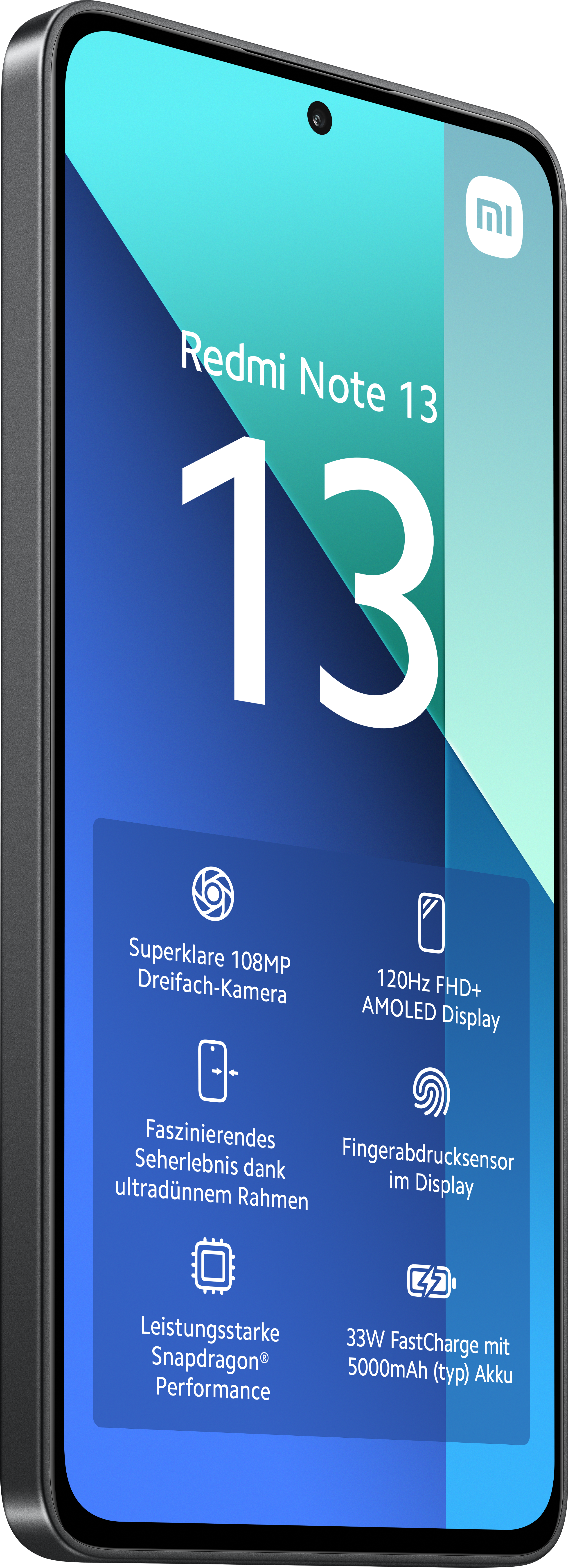 Téléphone Redmi Note 13 en angle. L'écran affiche les fonctionnalités et spécifications du téléphone.