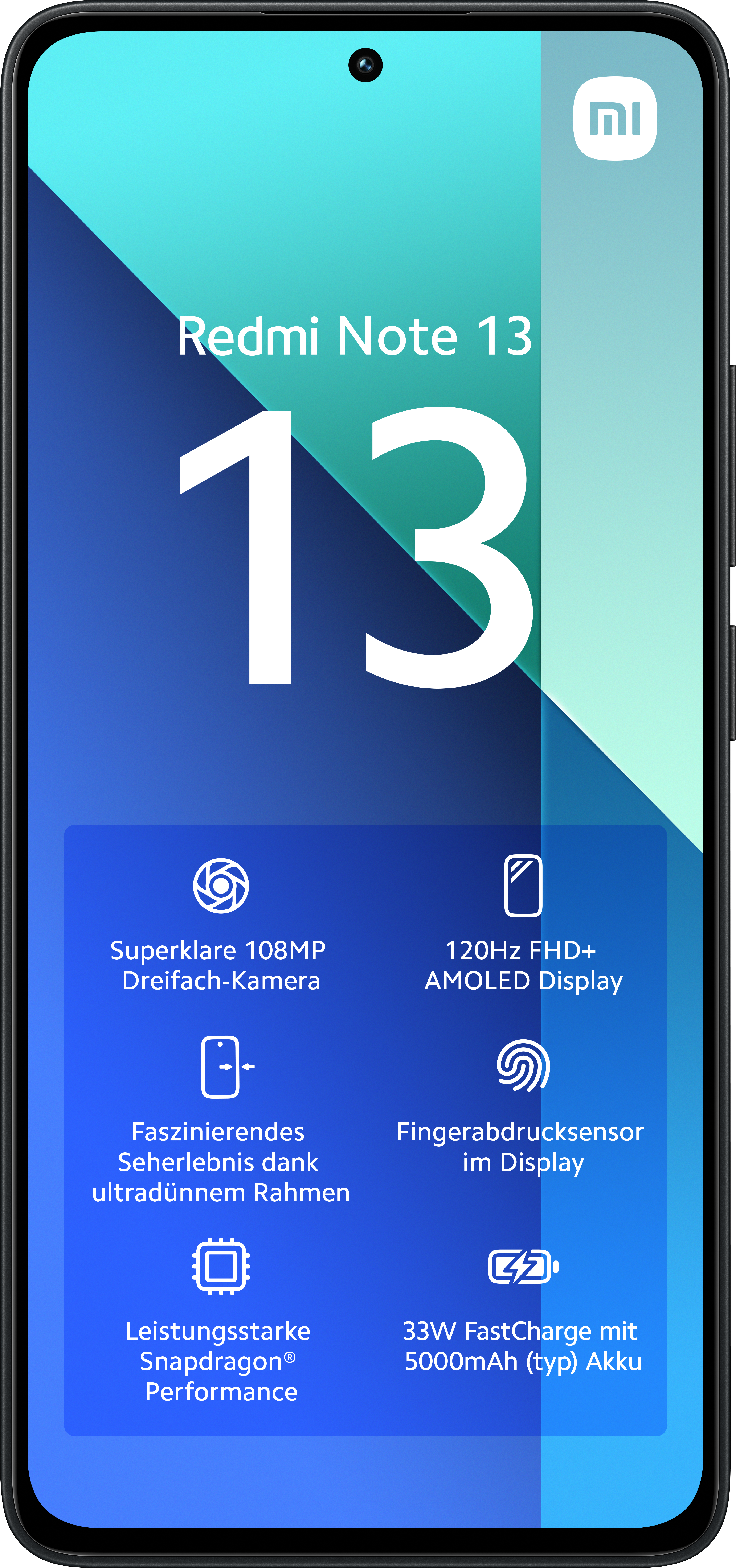 Un smartphone noir affiche "Redmi Note 13" avec un grand "13" et des fonctionnalités, dont un appareil photo 108MP et un écran 120Hz.