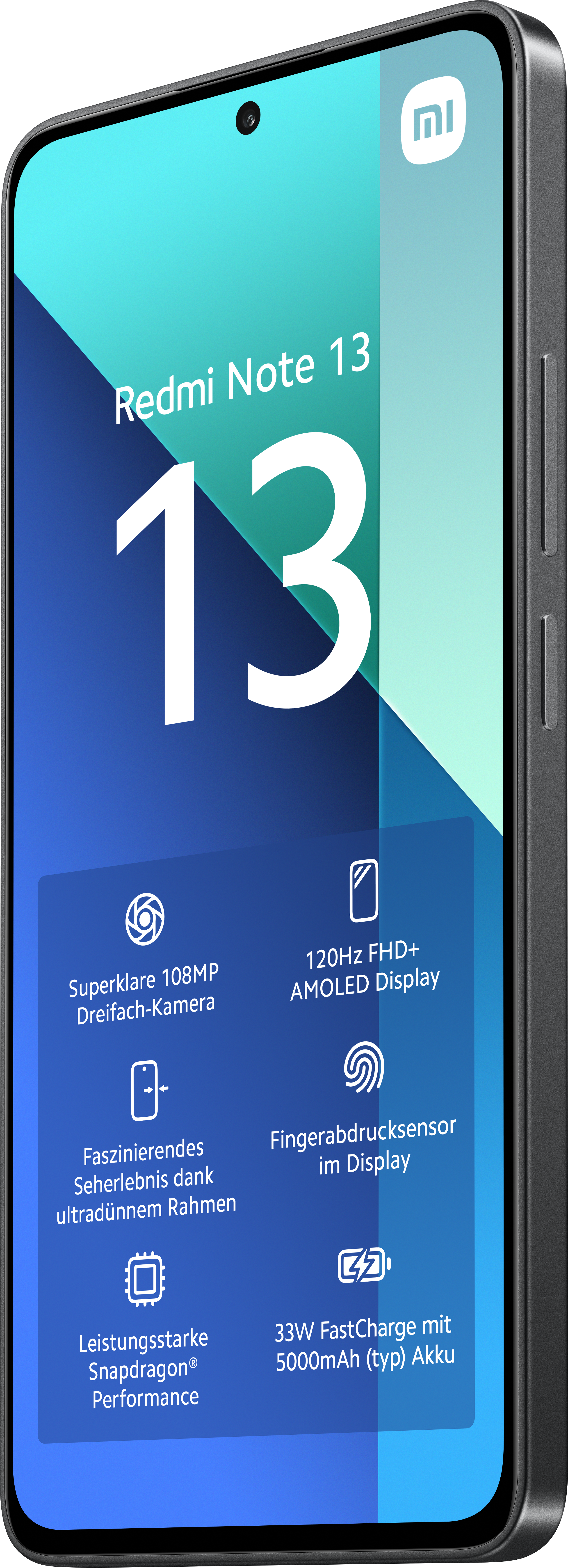 Smartphone Redmi Note 13, noir, vue en angle, avec écran affichant les fonctionnalités.