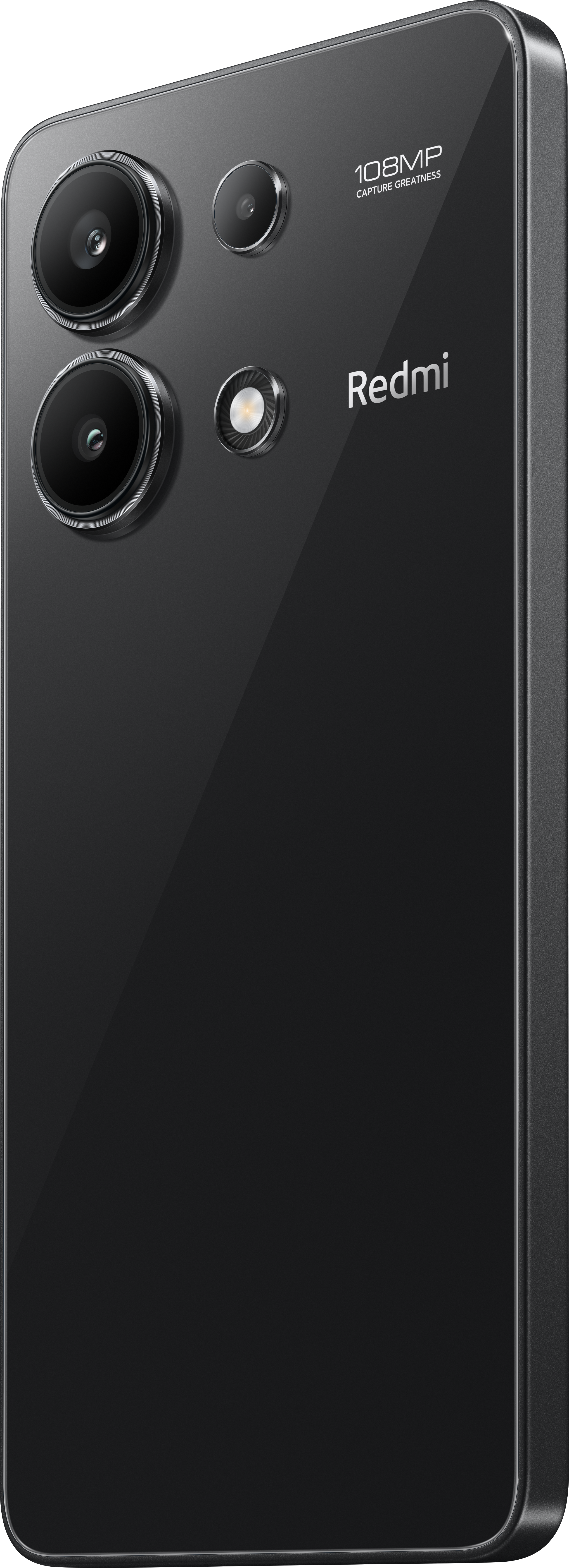 Arrière d'un téléphone Redmi noir avec trois objectifs et le logo Redmi.