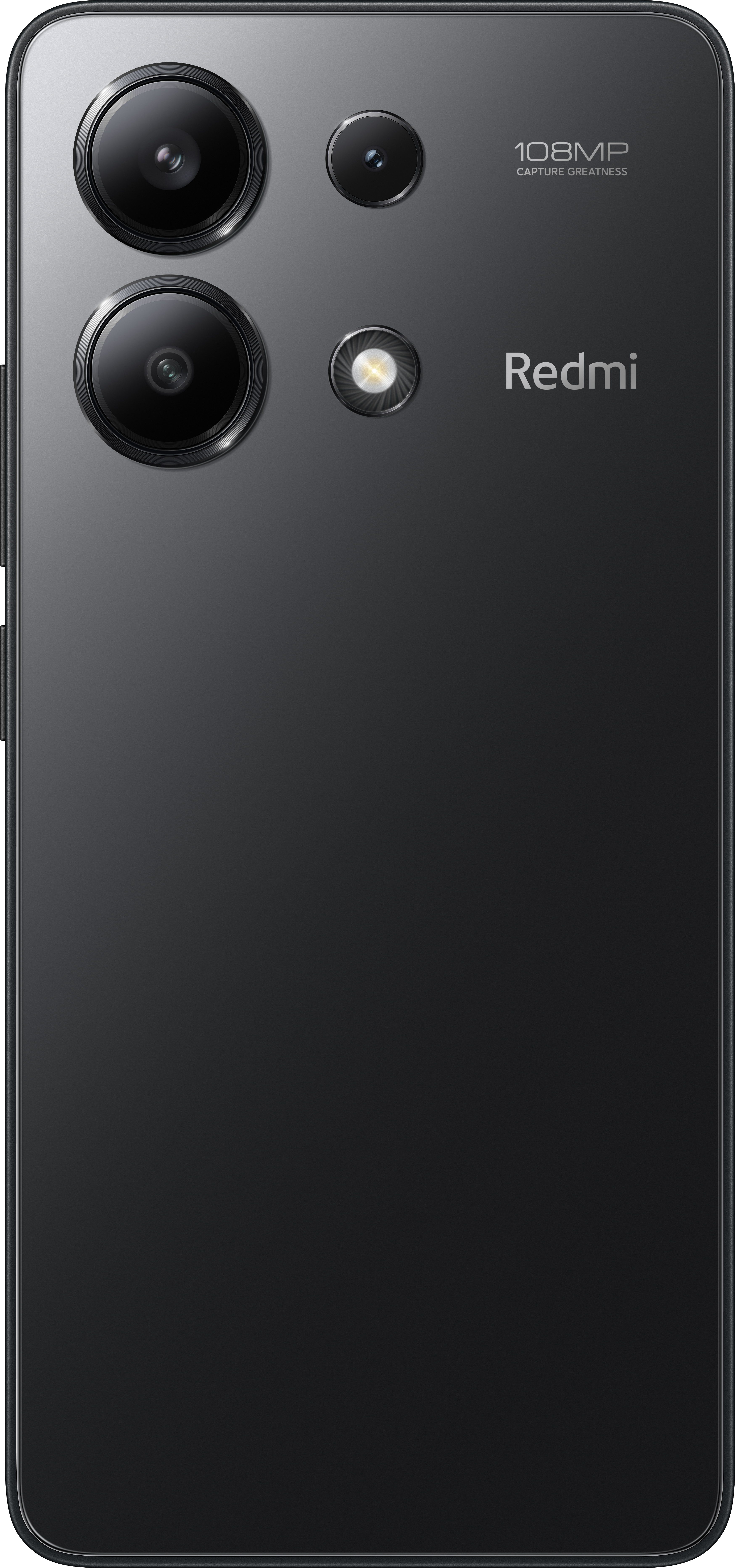 Téléphone Redmi, arrière noir. Trois caméras et logo Redmi. Fond blanc.