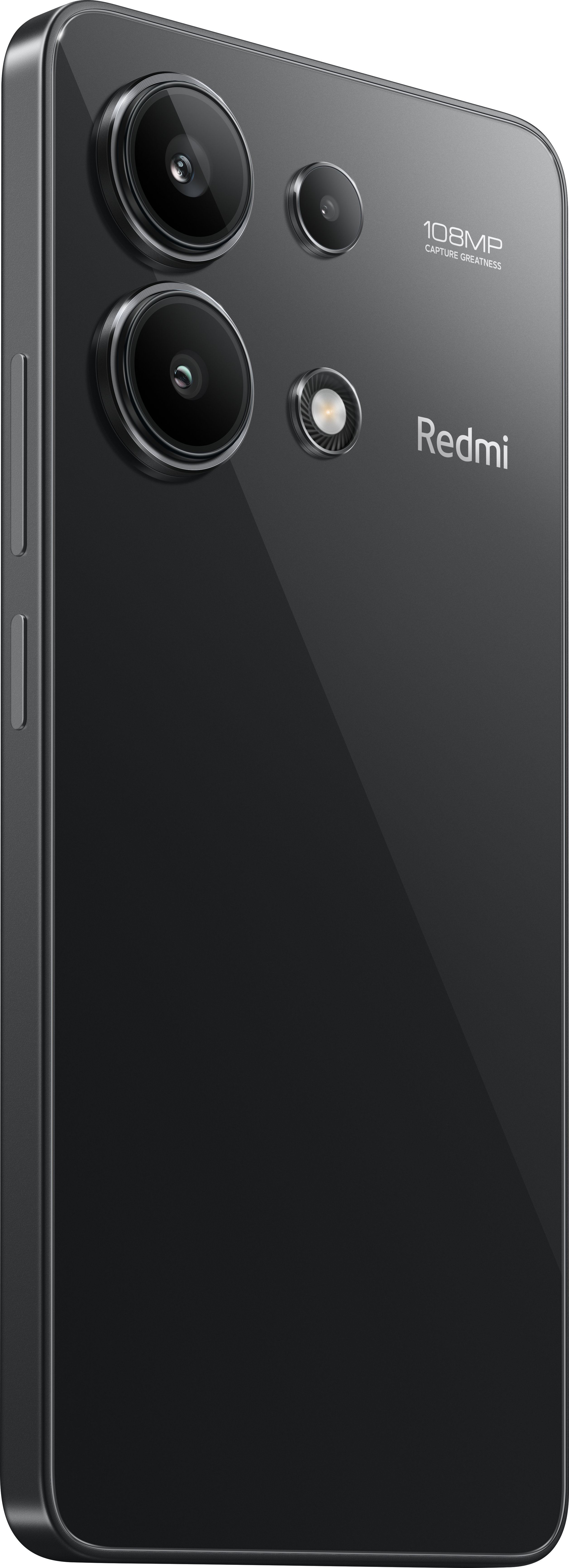 Téléphone Redmi noir avec une bosse de caméra en haut. Le fond est noir.