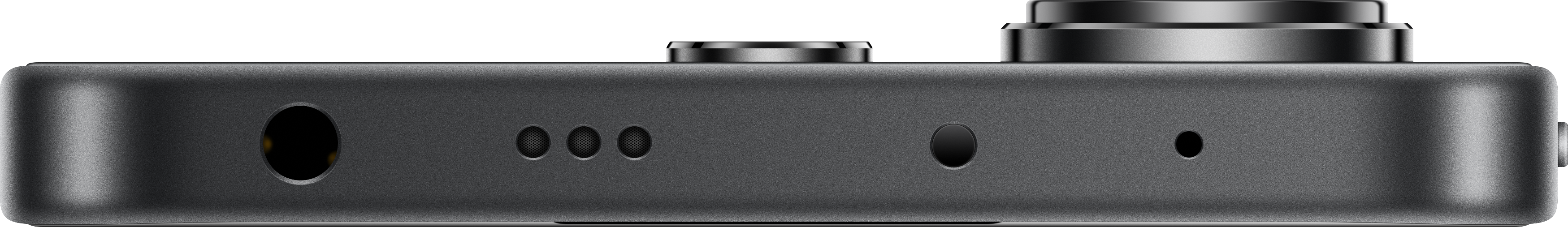 Vue inférieure d'un smartphone gris foncé. Comprend une prise casque, un haut-parleur et un port de charge.