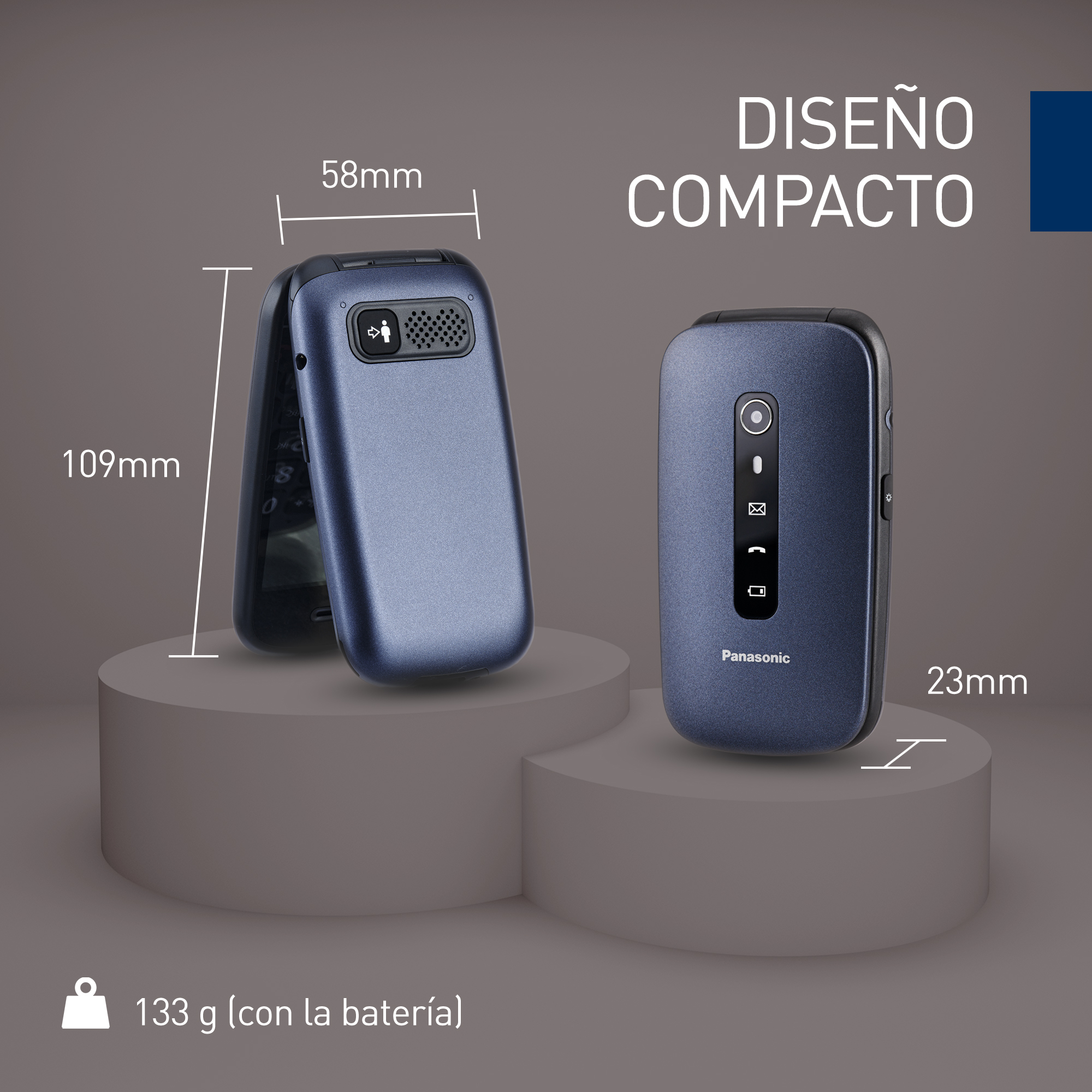 Un teléfono plegable azul cerrado y uno abierto. Texto en español con medidas.
