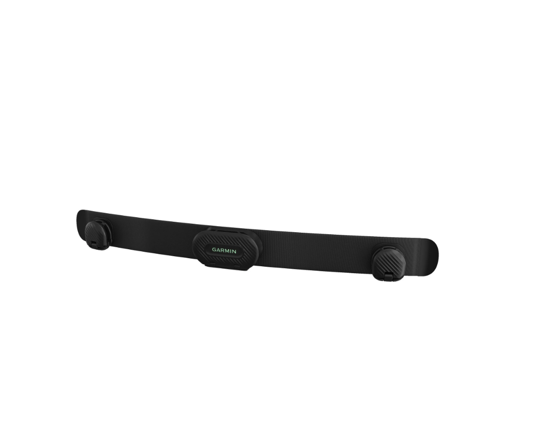 Schwarzer Garmin-Herzfrequenzmesser. Er wird um die Brust getragen. Hat einen schwarzen Gurt und ein Garmin-Logo.