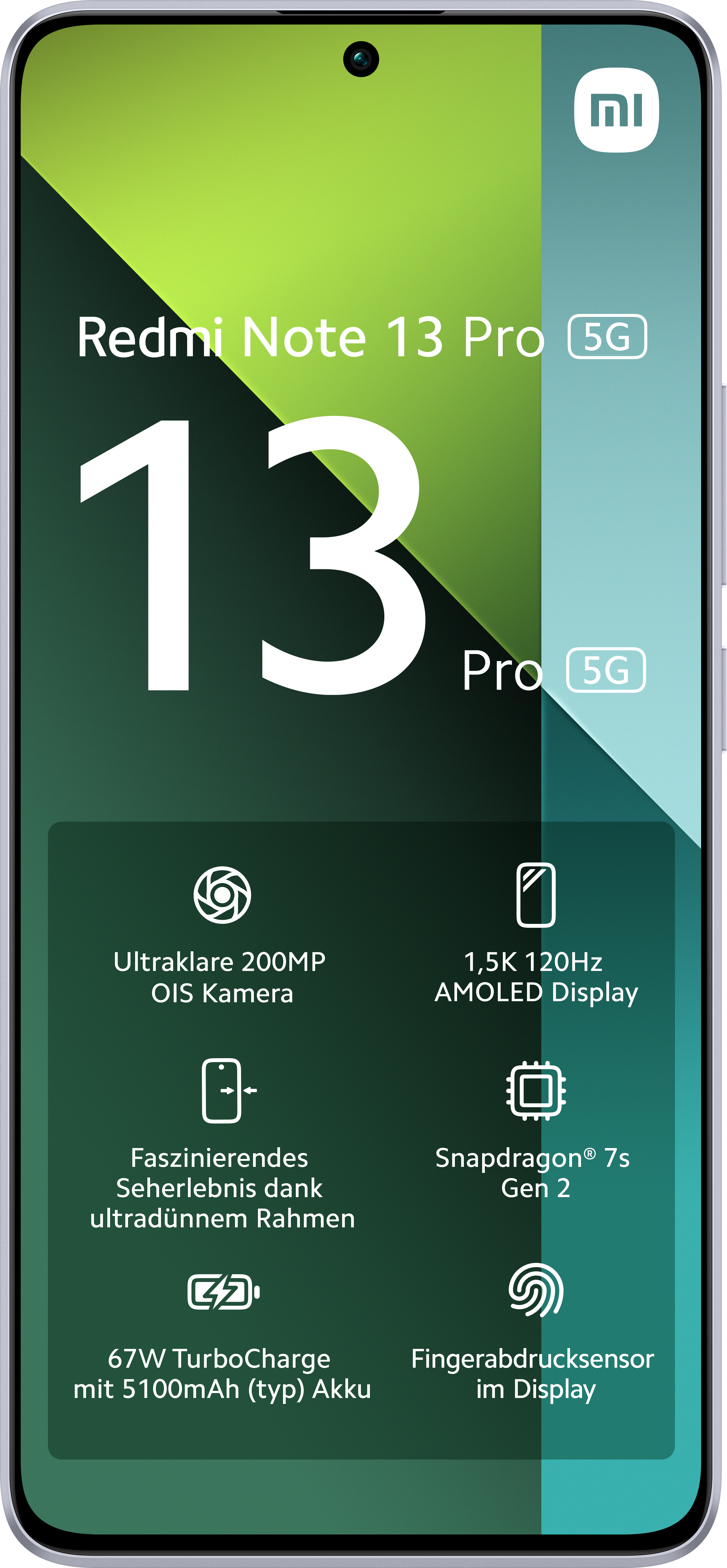 Un smartphone avec un grand écran affichant du texte et des icônes. Il a un appareil photo et un logo.