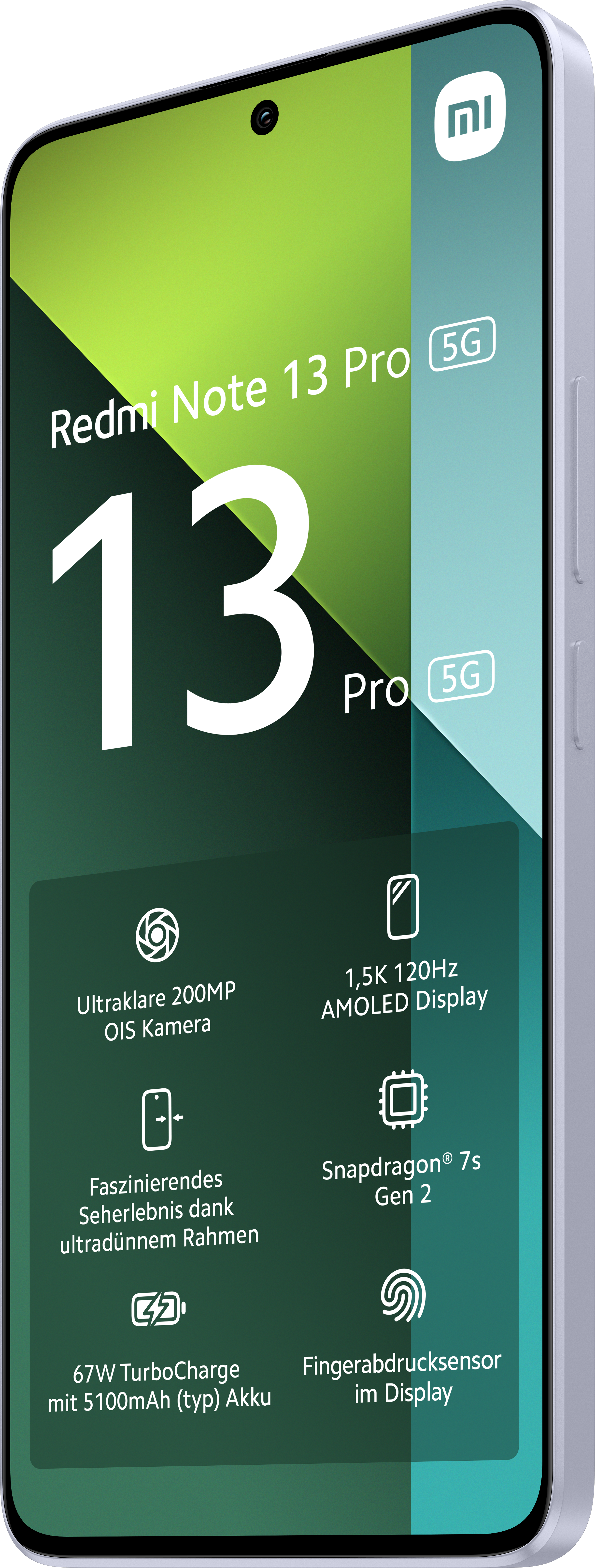 Un smartphone avec un écran vert affichant des informations, vue en angle.