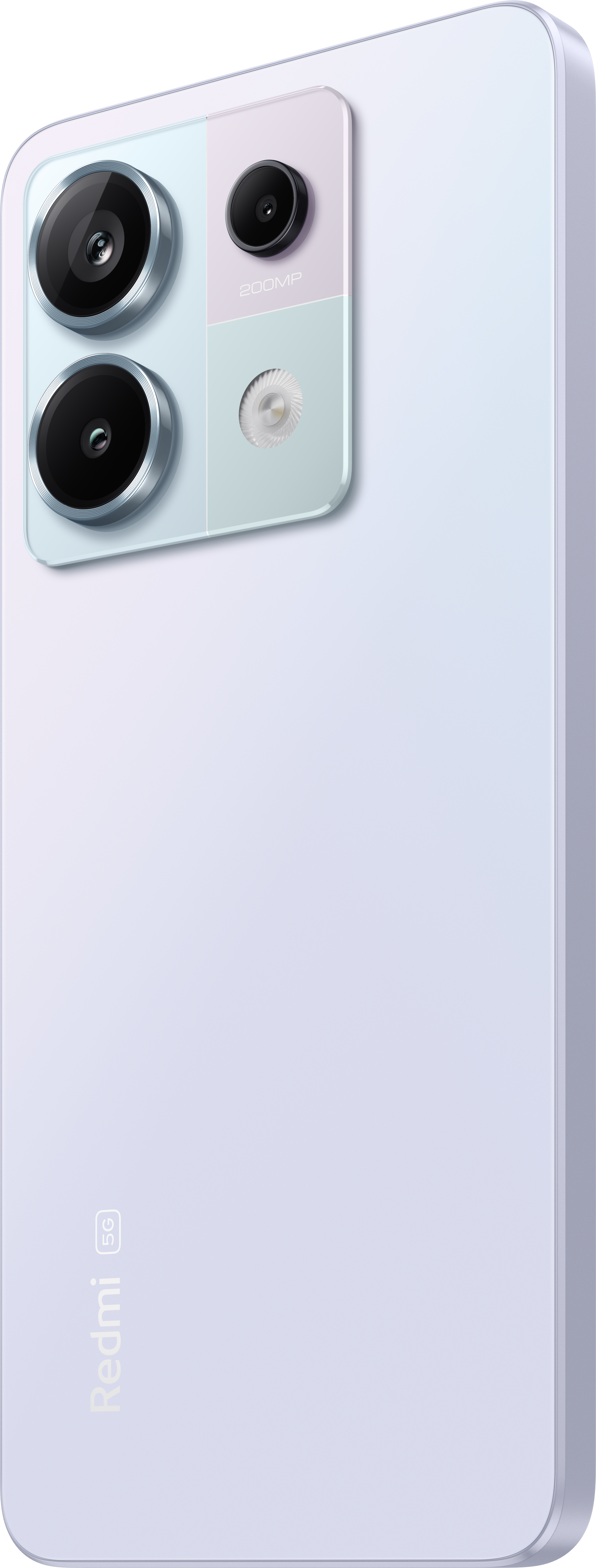 Un smartphone lilas avec un module caméra comprenant trois lentilles et une indication 200MP.
