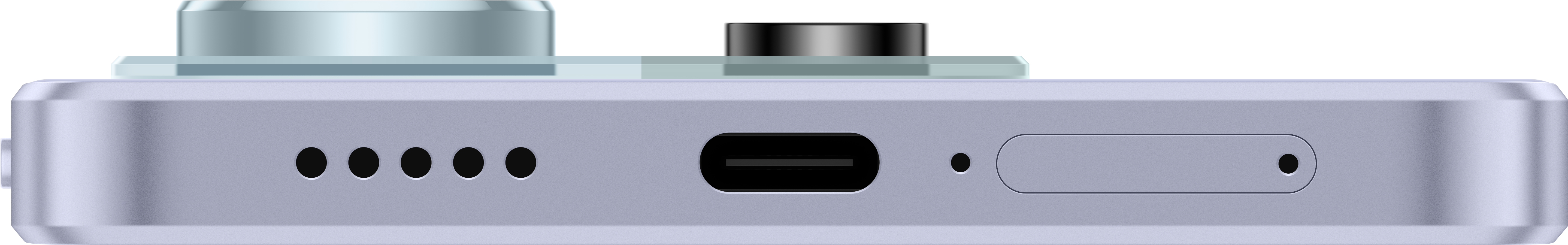 Gros plan d'un appareil violet clair avec des ports, un port USB-C et une série de trous. Le fond est noir.